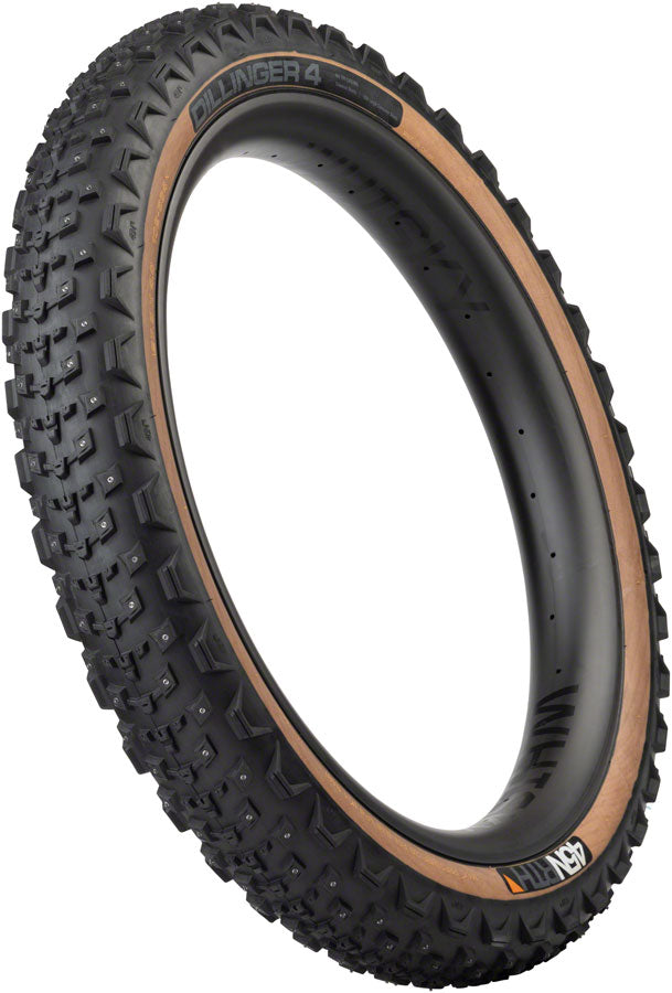 45NRTH Dillinger 4 Studded Bike Tire - 26 x 4.2 Inch Tubeless Folding Winter Tire with 168 Large Concave Carbide Studs | 60 TPI Tan Sidewalls | Perfect for Snow & Ice Cycling, Fat Bike Winter Commuting & Mountain Trails