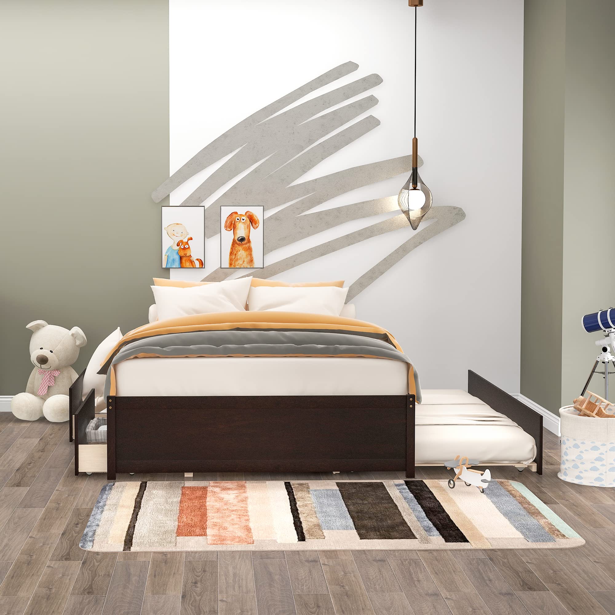MERITLINE Full Size Wood Platform Bed Frame with Storage Drawers & Trundle - Space Saving Captain Bed for Kids, Teens & Adults (No Box Spring Needed) - Perfect for Small Bedrooms, Guest Rooms & Dormitories - Espresso Finish