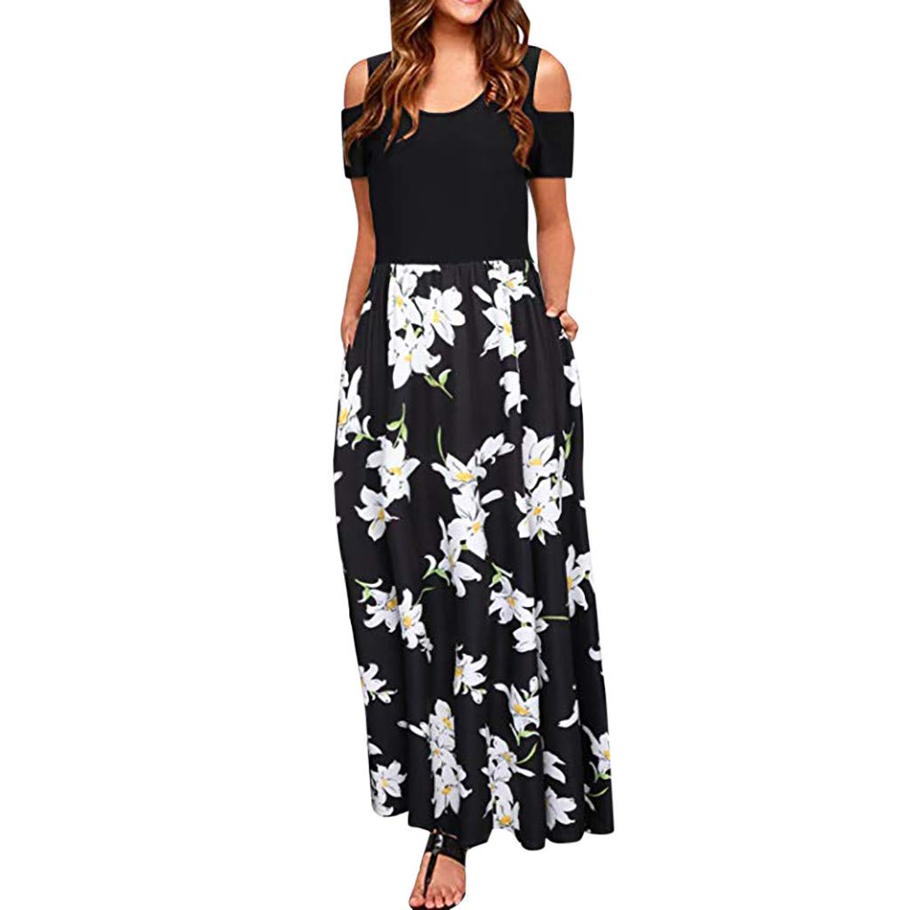 FORUU Women's Cold Shoulder Floral Print Maxi Dress with Pockets - Elegant Short Sleeve Casual Summer Dress for Beach, Vacation & Date Night
