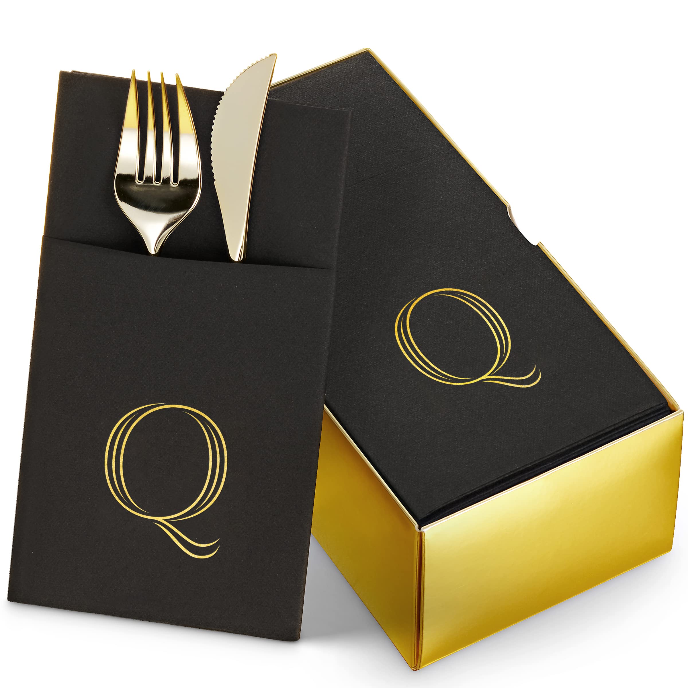 50-Pack Black Monogrammed Napkins with Silverware Pocket - 16