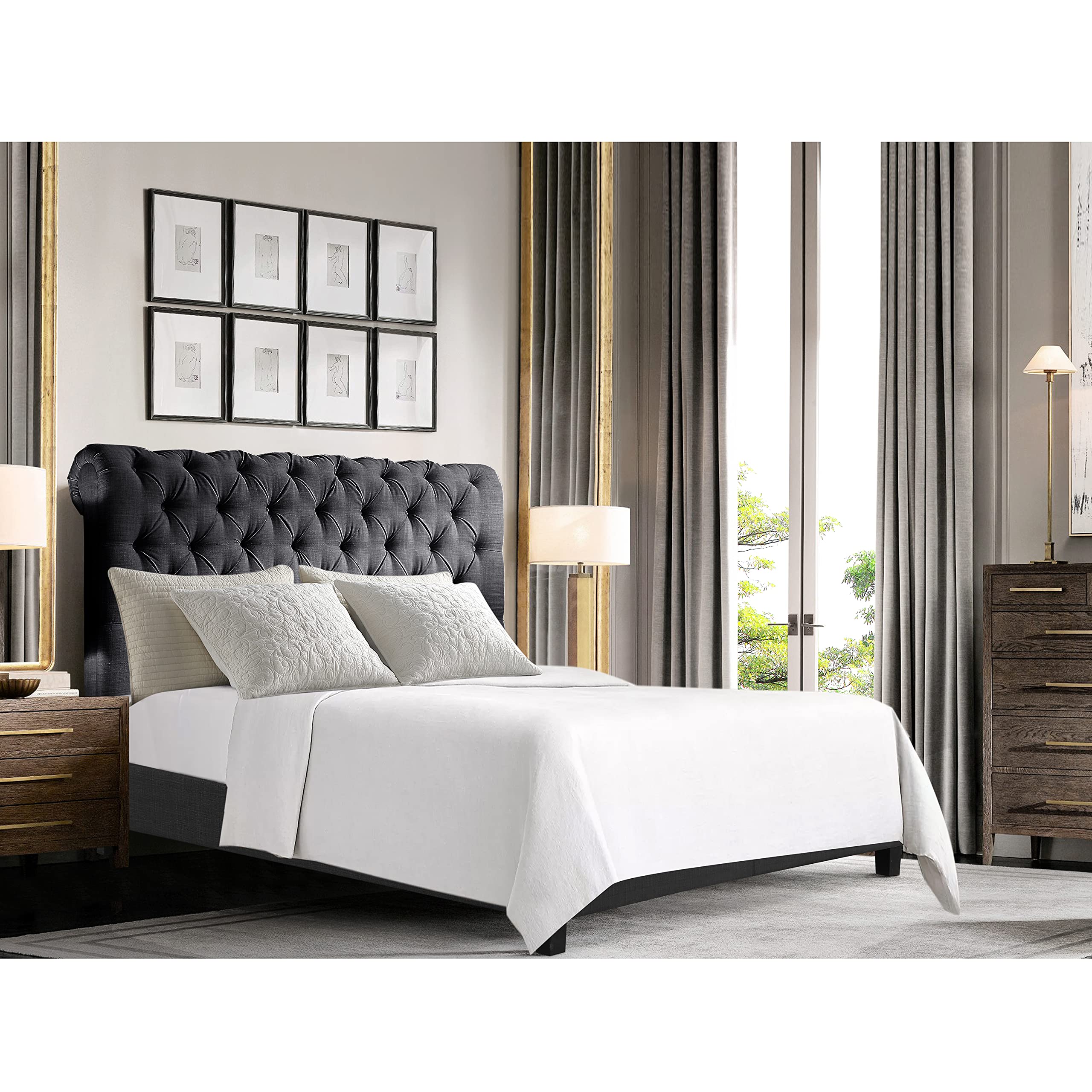 Rosevera Corrine Upholstered Full Size Bed Frame with Button Tufted Headboard - Adjustable Platform Bed with Wood Slat Support, Easy Assembly, Charcoal Grey - Perfect for Modern Bedrooms & Guest Rooms