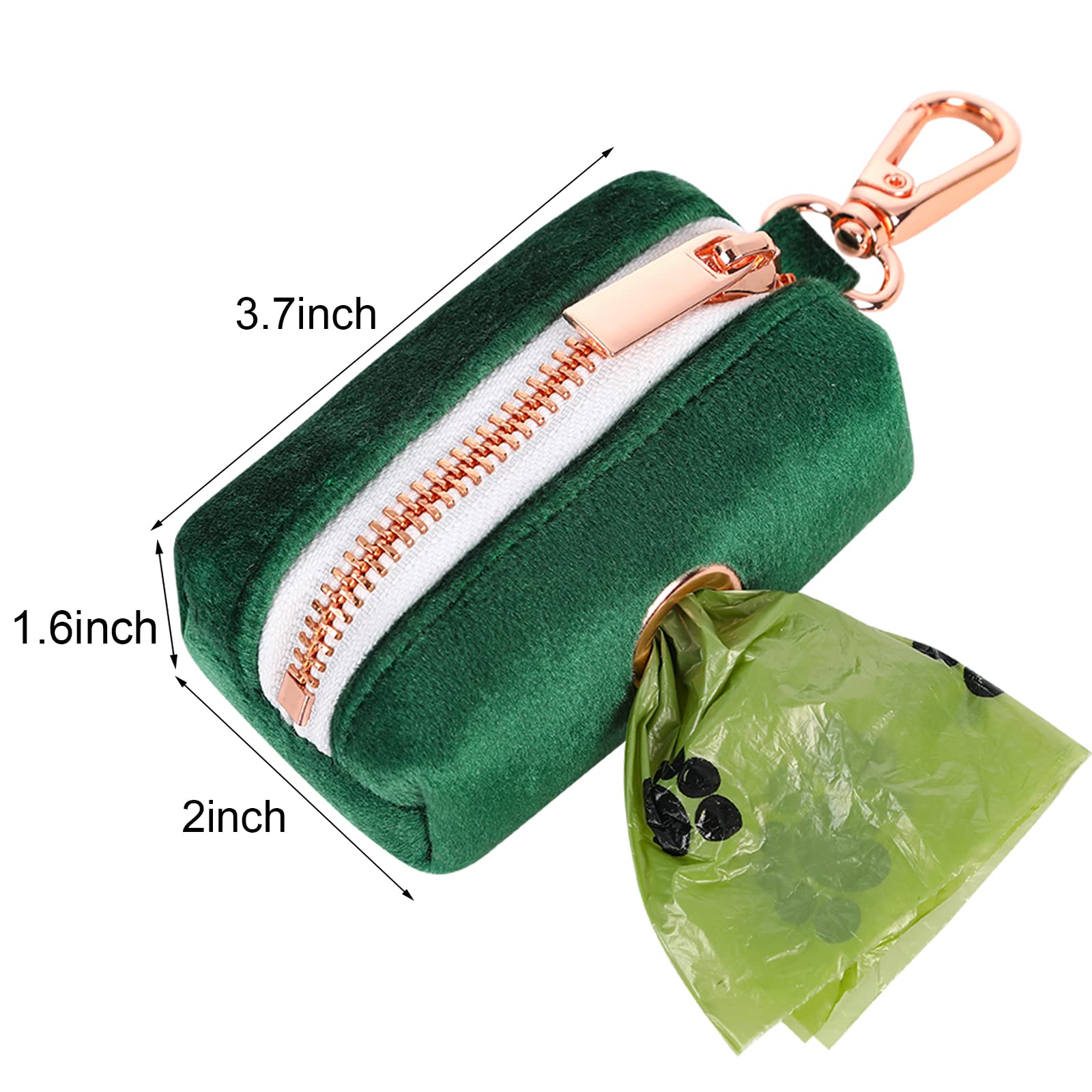 Premium Velvet Dog Poop Bag Holder - Leash Attachment Waste Bag Dispenser with Metal Zipper | Dark Green Washable Pet Waste Pouch for Dogs | Perfect for Walks, Hikes & Park Visits