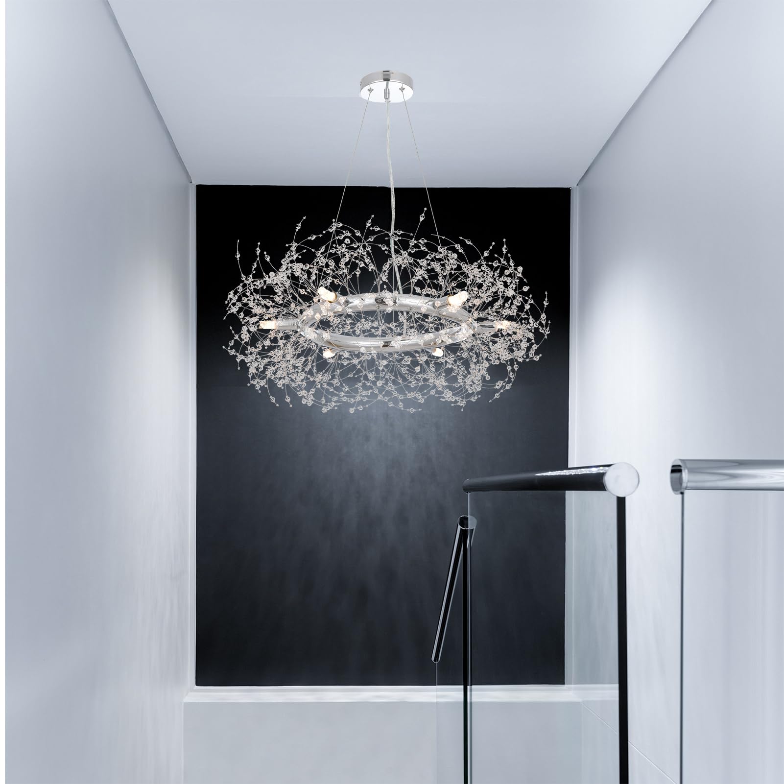 Modern Silver Crystal Firework Chandelier - Large Round Chrome Dining Room Ceiling Light Fixture for Bedroom, Living Room, Entryway | Elegant Lighting for Home Decor, Wedding & Restaurant Ambiance