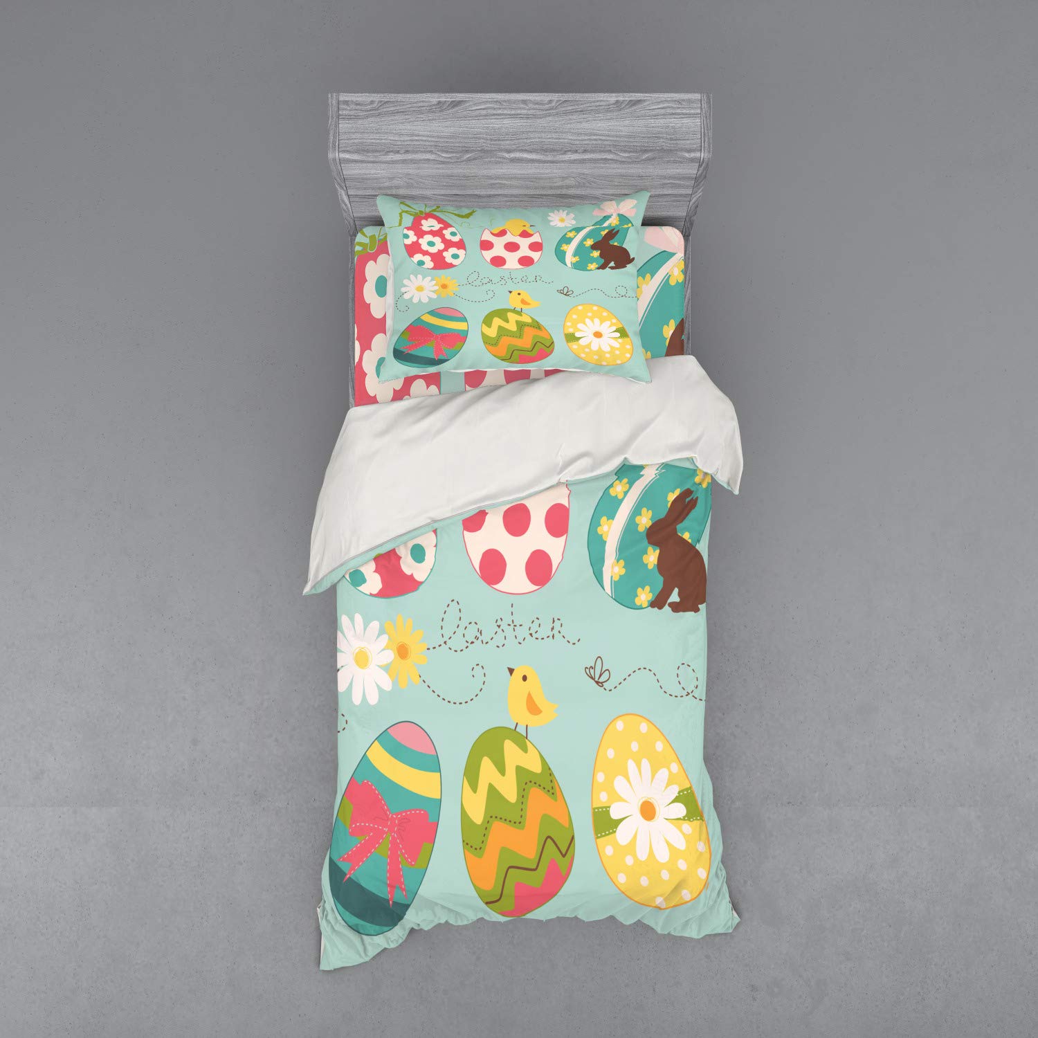 Ambesonne Easter Bedding Set - 3 Piece Duvet Cover with Sham & Fitted Sheet, Twin XL Size, Colorful Easter Eggs Floral Zigzag Polka Dot Pattern - Perfect for Spring Decor, Guest Room, Holiday Themed Bedroom