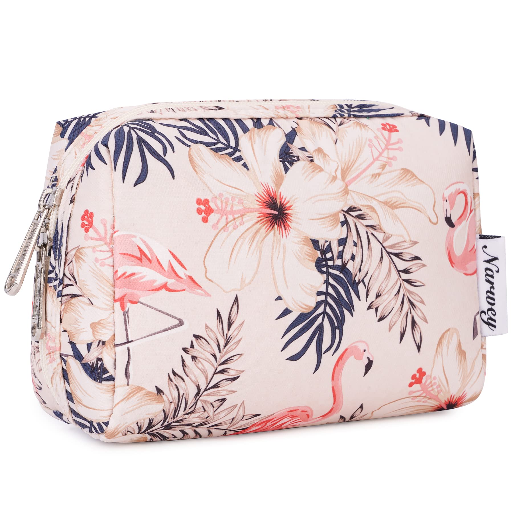 Narwey Large Makeup Bag with Zipper - Travel Cosmetic Organizer for Women & Girls | Beige Bird Print | Small Cosmetic Pouch | Perfect for Travel, Gym & Daily Essentials Storage