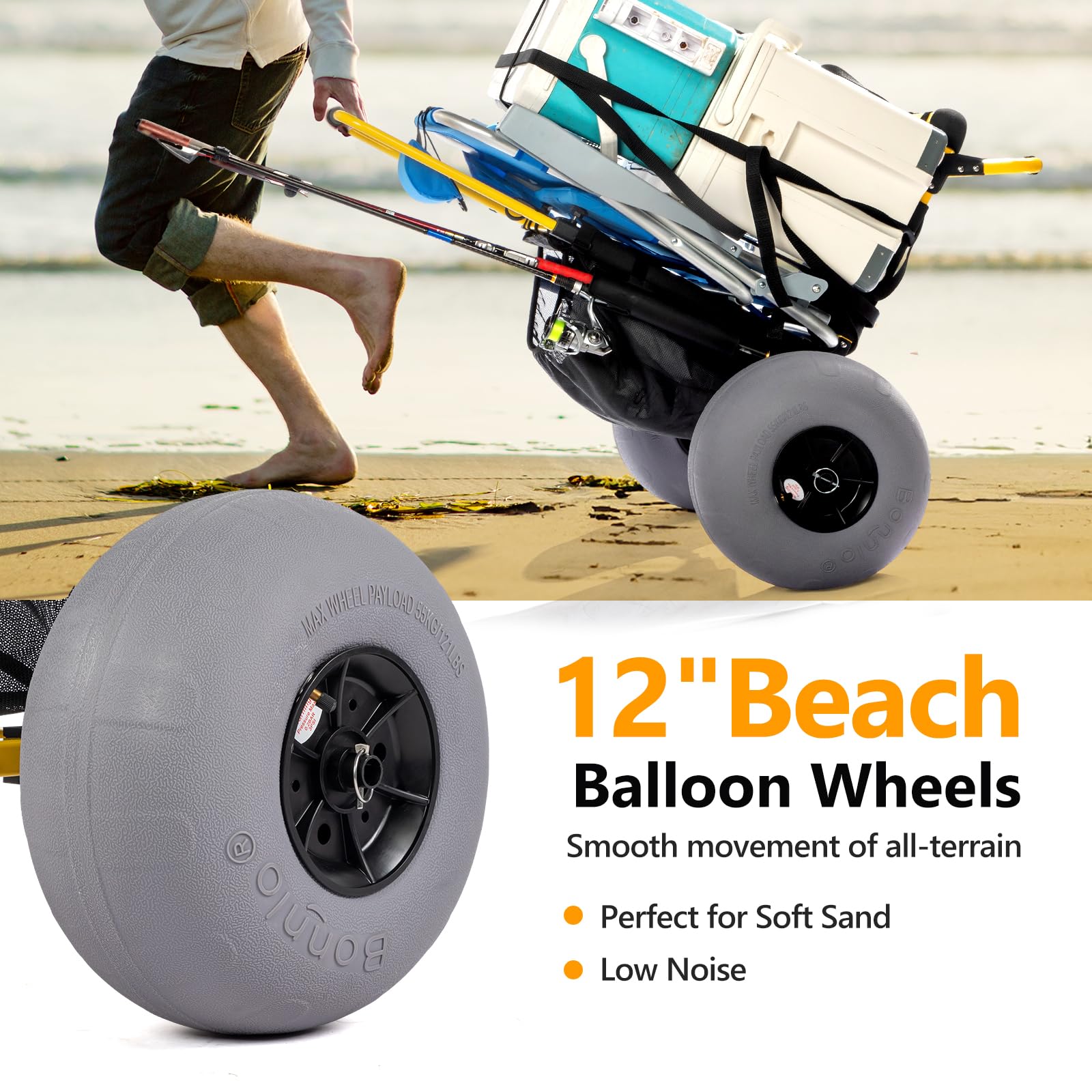 Bonnlo Beach Fishing Cart - Heavy Duty Foldable Beach Wagon with 12