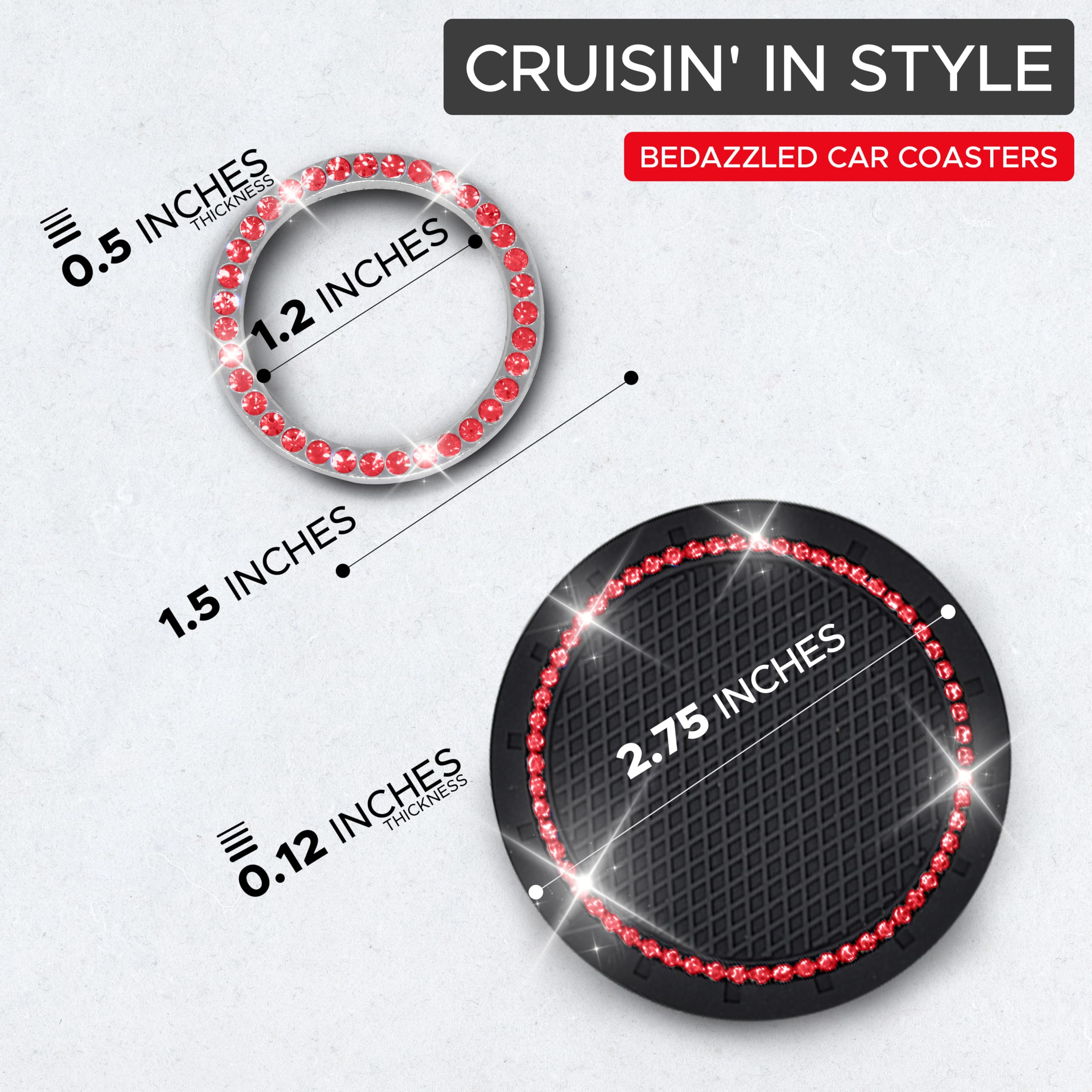 EcoNour 2-Pack Anti-Slip Car Cup Coasters with Rhinestone Push Start Button Bling Ring (1 Pack) | Crystal Decor Coasters for Women | Perfect for Cars, Trucks & RVs | Keep Your Vehicle Clean & Stylish While Driving