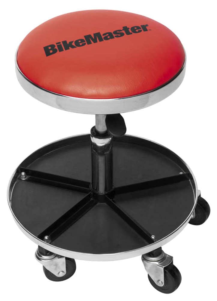 BikeMaster Ultimate Shop Stool with Tool Caddy - Heavy Duty Mechanic Stool with Storage for Bike Repair, Motorcycle Maintenance & Garage Workshop Use