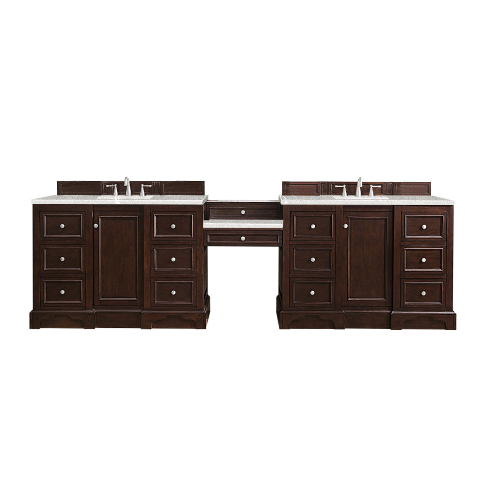 De Soto 118 Double Vanity Set with Makeup Table - Burnished Mahogany Finish & 3CM Eternal Serena Quartz Top | Perfect for Bedroom, Bathroom & Dressing Room Organization