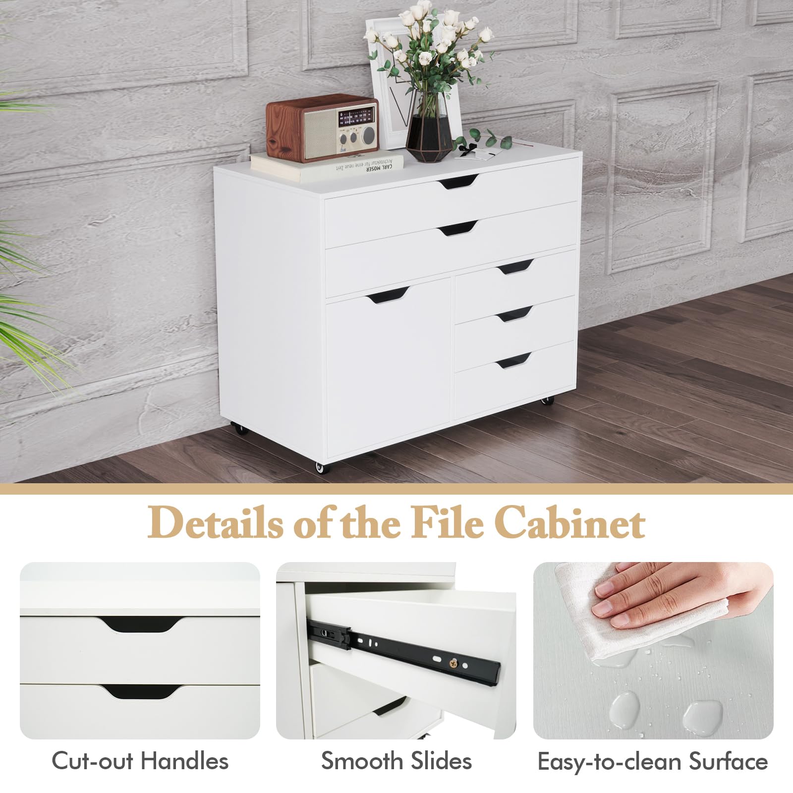 Giantex 2-Drawer Lateral File Cabinet with Wheels - Heavy Duty Mobile Rolling Storage Cabinet for Office, Home & Craft Room - 220 lbs Capacity, Printer Stand & Organization Solution for Documents, Supplies & Stationery