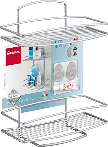 2-Tier Rectangular Shelf with Safefix - Silver Metal Wall Mounted Storage Shelf for Bathroom, Kitchen, or Office Organization