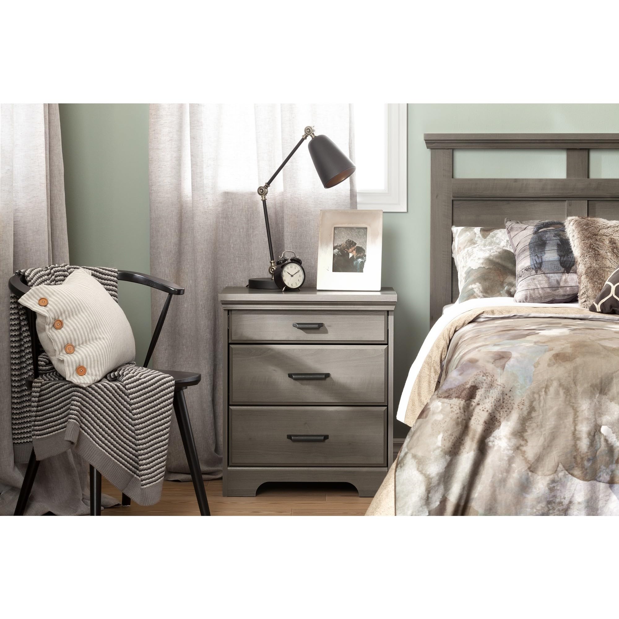 South Shore Versa Nightstand with 2 Drawers & USB Charging Station - Gray Maple Finish, 16.38