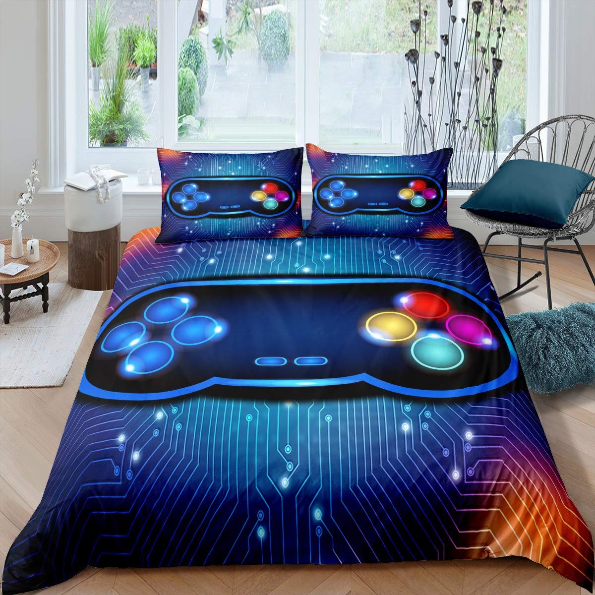 Feelyou Boys Video Game Controller Duvet Cover Set - Gamepad Bedding for Kids & Teens, Colorful Action Buttons, Luxury Stripes Design, Twin Size Blue Comforter Cover (2-Piece) - Perfect for Gaming Rooms & Teen Bedrooms
