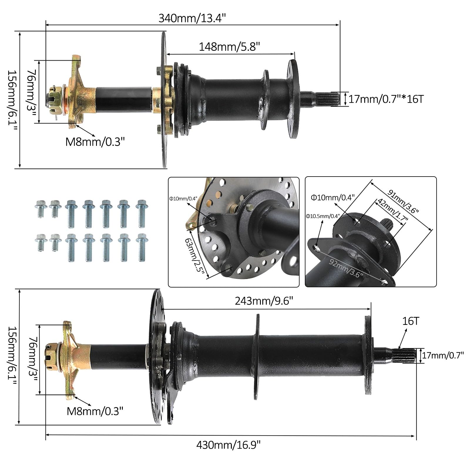 30-Inch 760mm Differential Rear Axle Drive Shaft with 2pcs 16x8-7 Tubeless Go Kart Tires & Wheel Rims - 3 Bolt Golf Cart Tires for ATV, Quad Buggy, 4-Wheelers & Mini Bikes (Left/Right) - Perfect for Off-Road Racing, Trail Riding & Backyard Fun