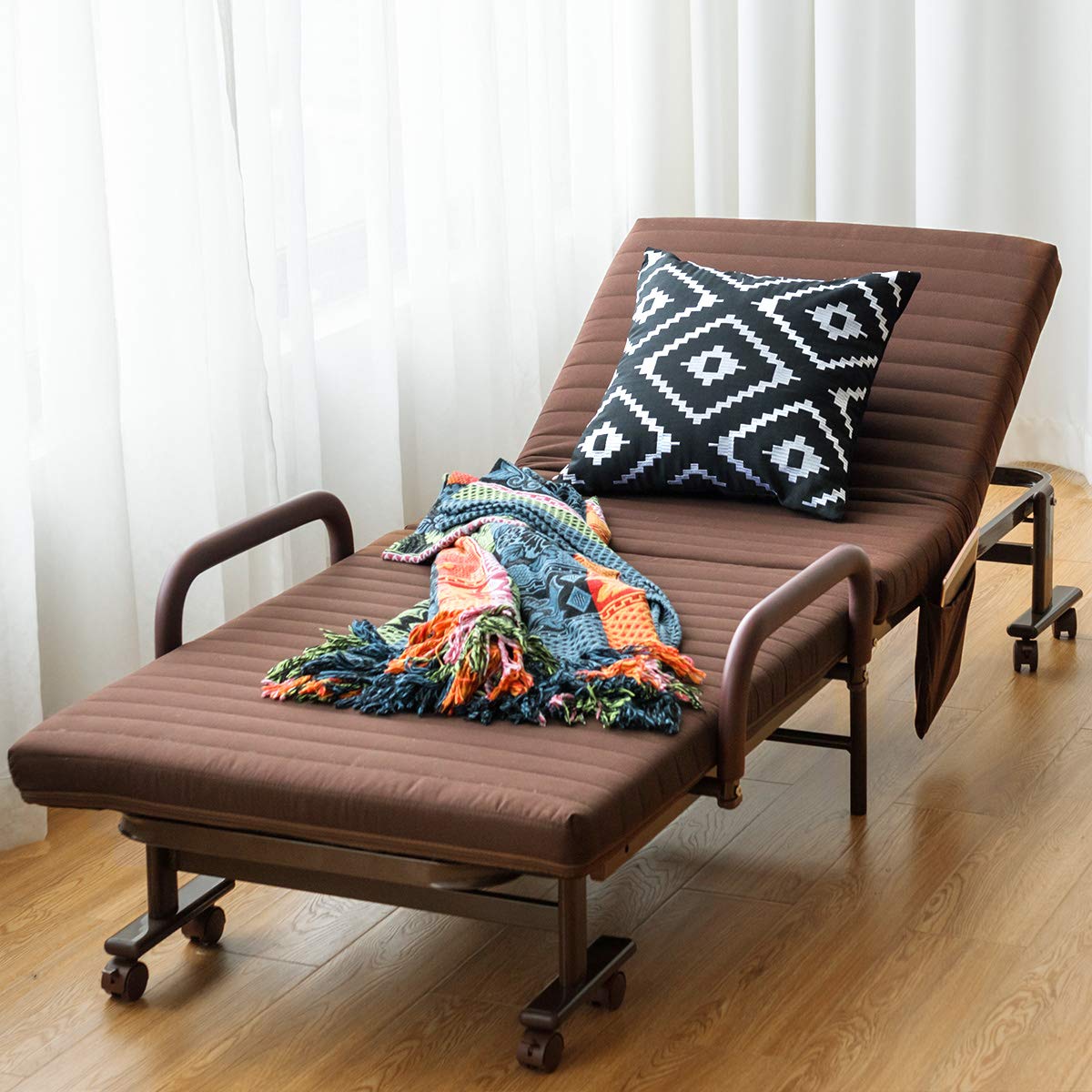Giantex Foldable Rollaway Bed with Mattress for Adults - Portable Guest Bed Frame with Adjustable 6 Positions & Side Storage Pockets - 660 lbs Capacity Wheels - Ideal for Home, Office, Spare Room & Small Spaces - Brown