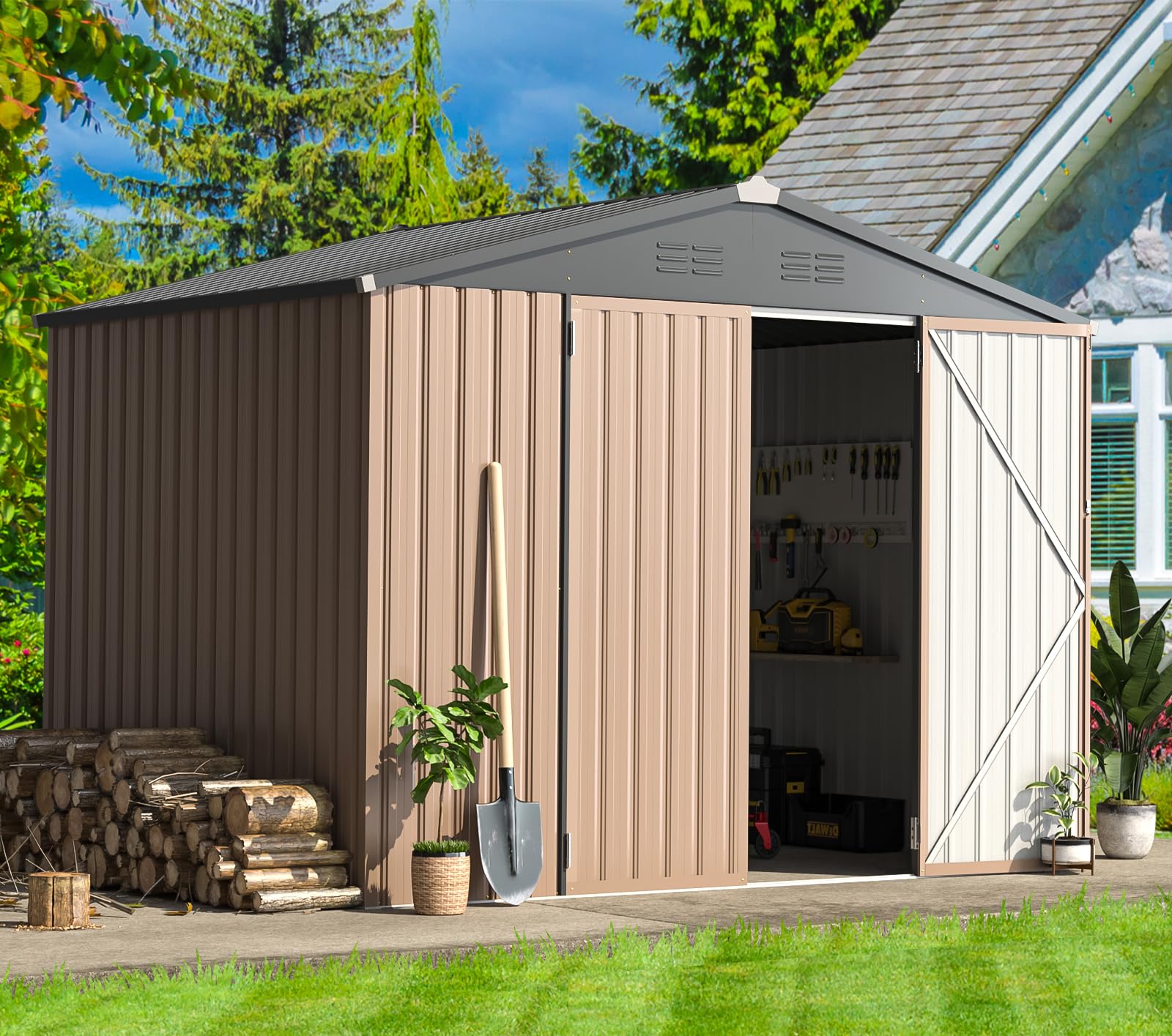 AECOJOY 8' x 6' Outdoor Metal Storage Shed - 53 Sq.Ft Steel Garden Shed with Lockable Doors | Weather-Resistant Utility & Tool Storage for Backyard, Patio, Garage Organization | Perfect for Lawn Equipment, Gardening Tools & Seasonal Items