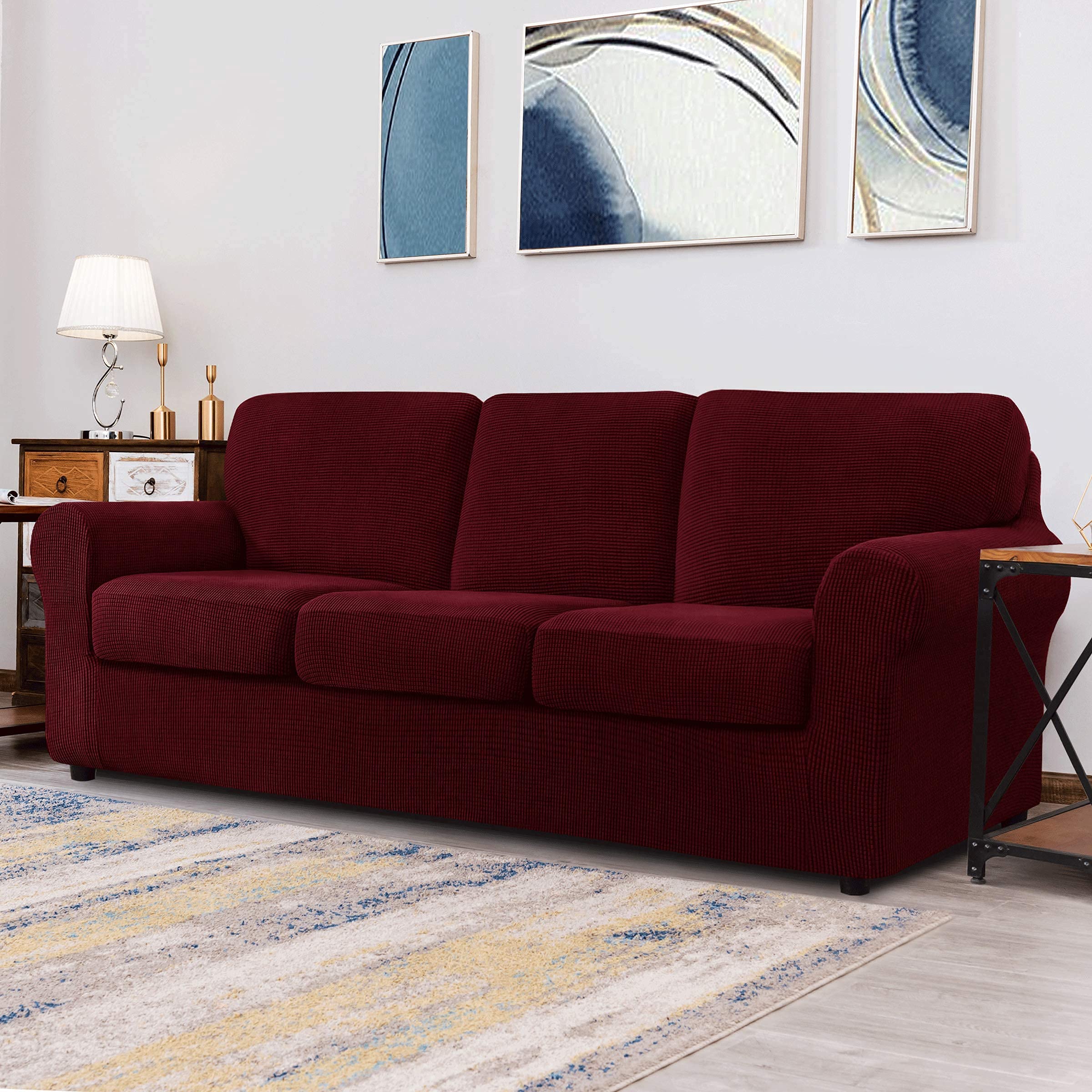 CHUN YI Loveseat Sofa Cover Set - Stretchable Jacquard Fabric Slipcover with Detachable Backrest & Cushion Covers - Checkered Design (Wine Red) for Living Room, Bedroom, or Office Furniture Protection