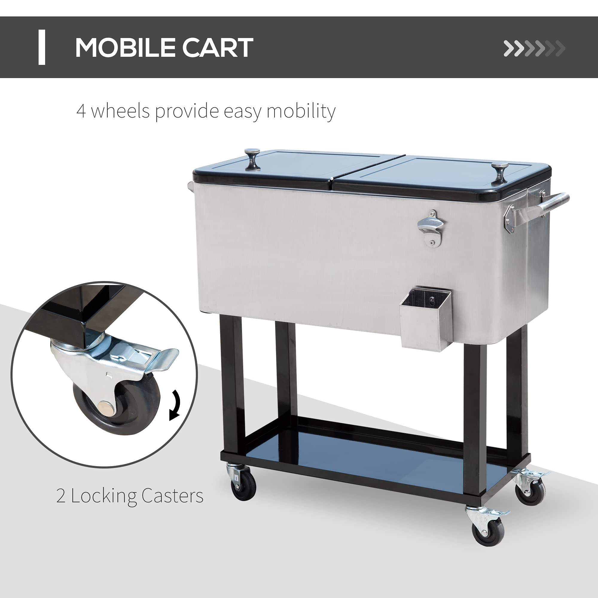 Outsunny 80 QT Rolling Cooler with Wheels - Portable Ice Chest for Outdoor Parties, Camping & Tailgating - Stand-Up Drink Cooler Cart in Silver - Perfect for BBQs, Beach Trips & Picnics