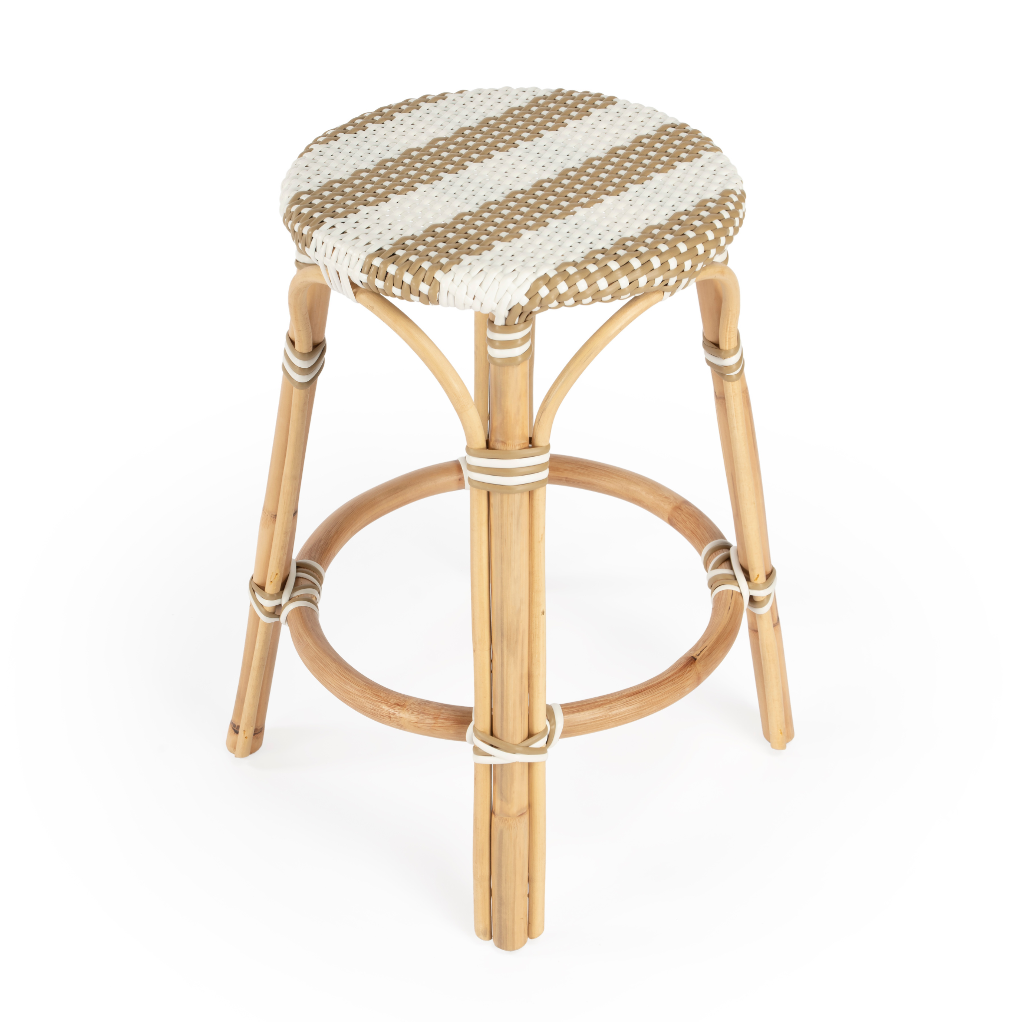 Beige and White Striped Rattan Frame Counter Stool - 24