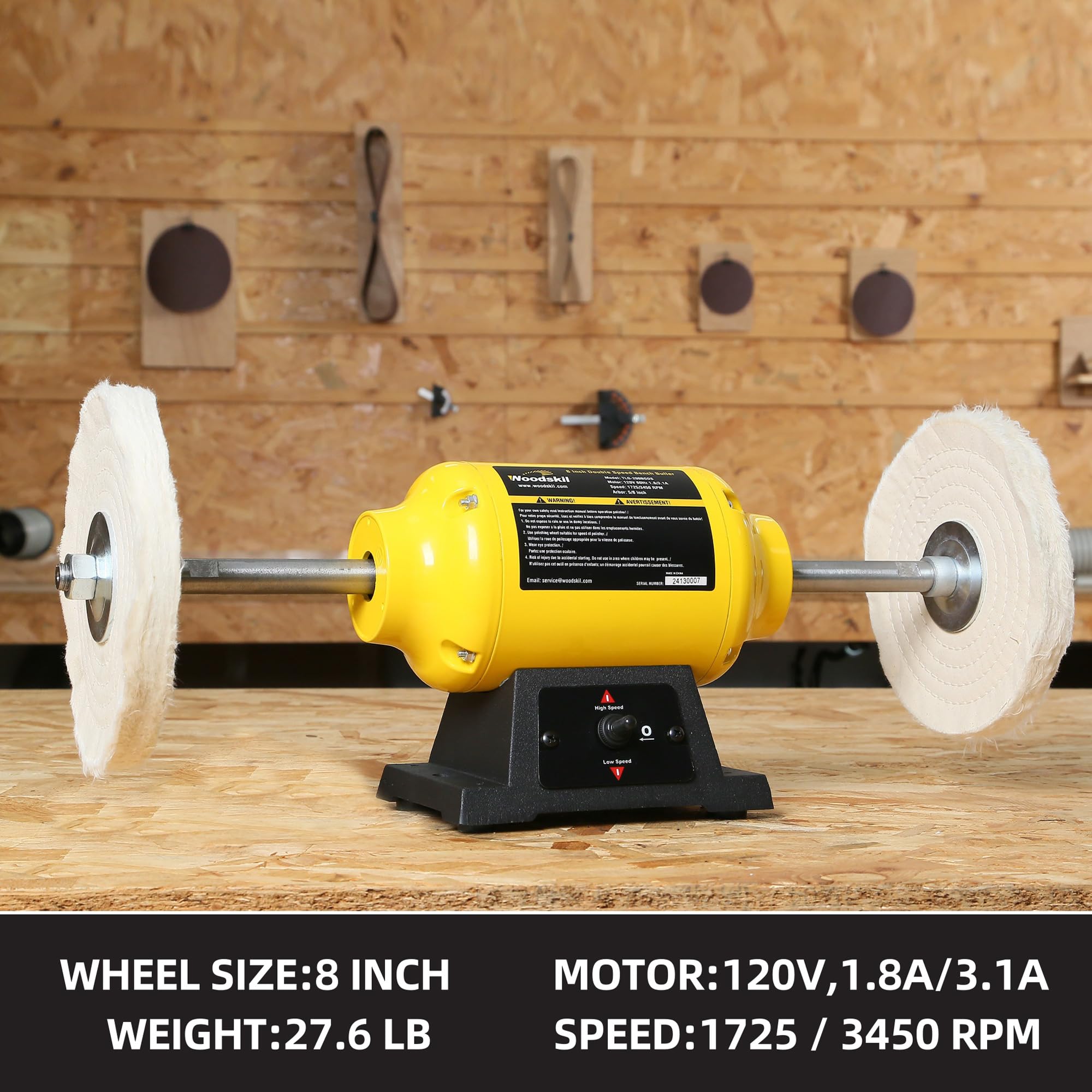 8-Inch Dual Speed Bench Buffer Polisher (1725/3450 RPM) with 2 Fiber Wheels - Metal, Jewelry, Wood, Jade & Plastic Polishing Machine for DIY, Workshop & Professional Use