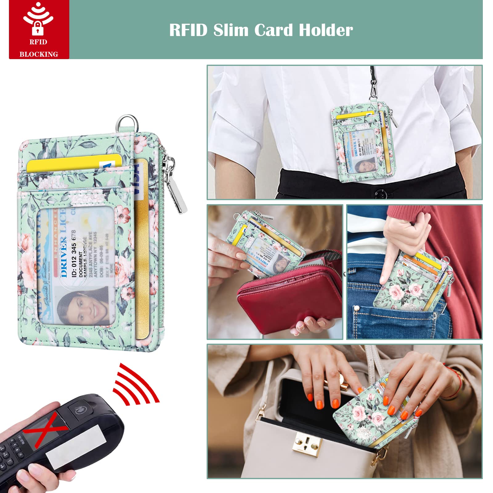 Waveyu Women's Wrist Lanyard with ID Holder - 6 Card Slots & Zipper Pocket for Work & Travel
