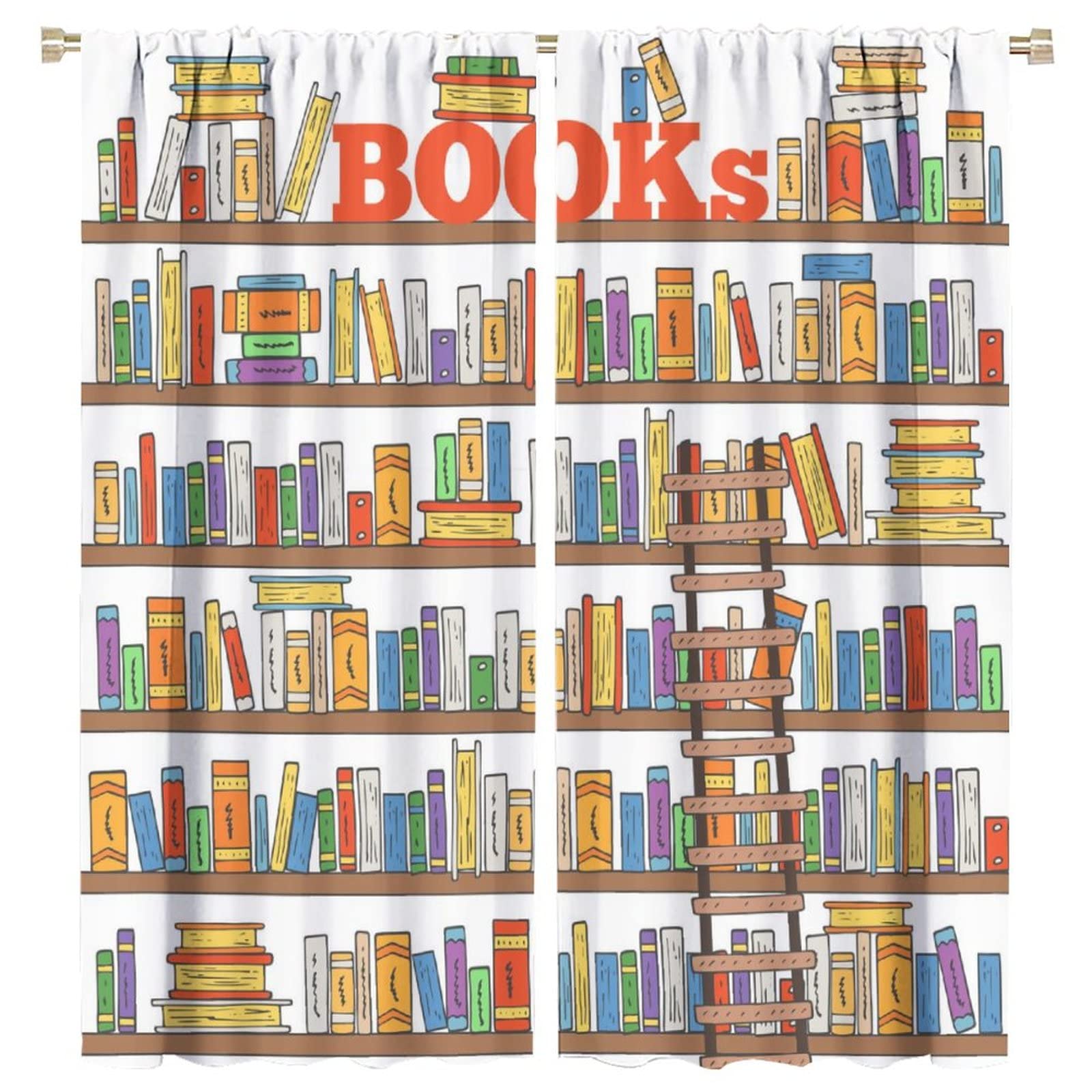 Modern Bookshelf Curtains - Blackout Library Ladder Design for Kids Room & Nursery - 63x72 Inch Decorative Window Drapes - Perfect for Bedroom, Living Room & Playroom Decor