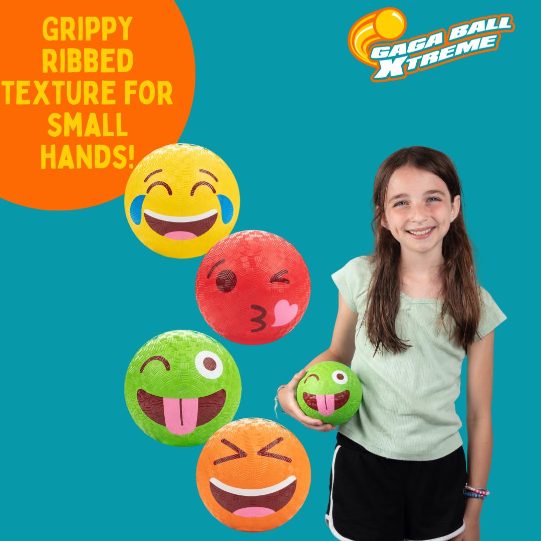 **5 Inch Gaga Ball Playground Set (4 Pack with Silly Faces) - Official Size Durable Rubber Dodgeball & Handball for Kids - Includes Air Pump - Perfect for Outdoor Play, 4 Square, Birthday Parties & School Recess Games**
