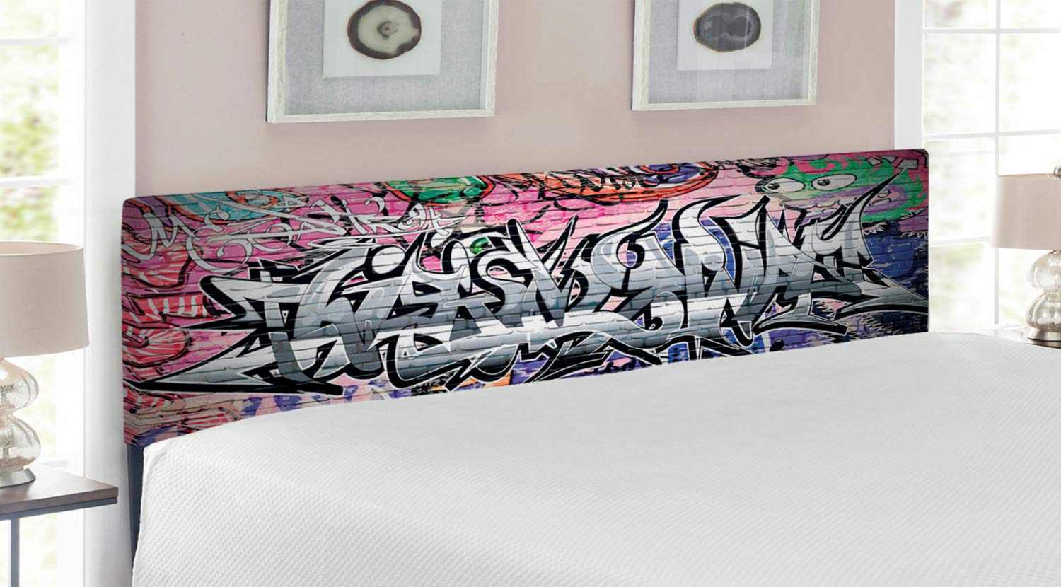 Ambesonne King Size Upholstered Headboard - Brick Wall Graffiti Grunge Art Urban Landscape Print with Memory Foam | Decorative Metal Bed Headboard for Modern & Industrial Bedroom Decor