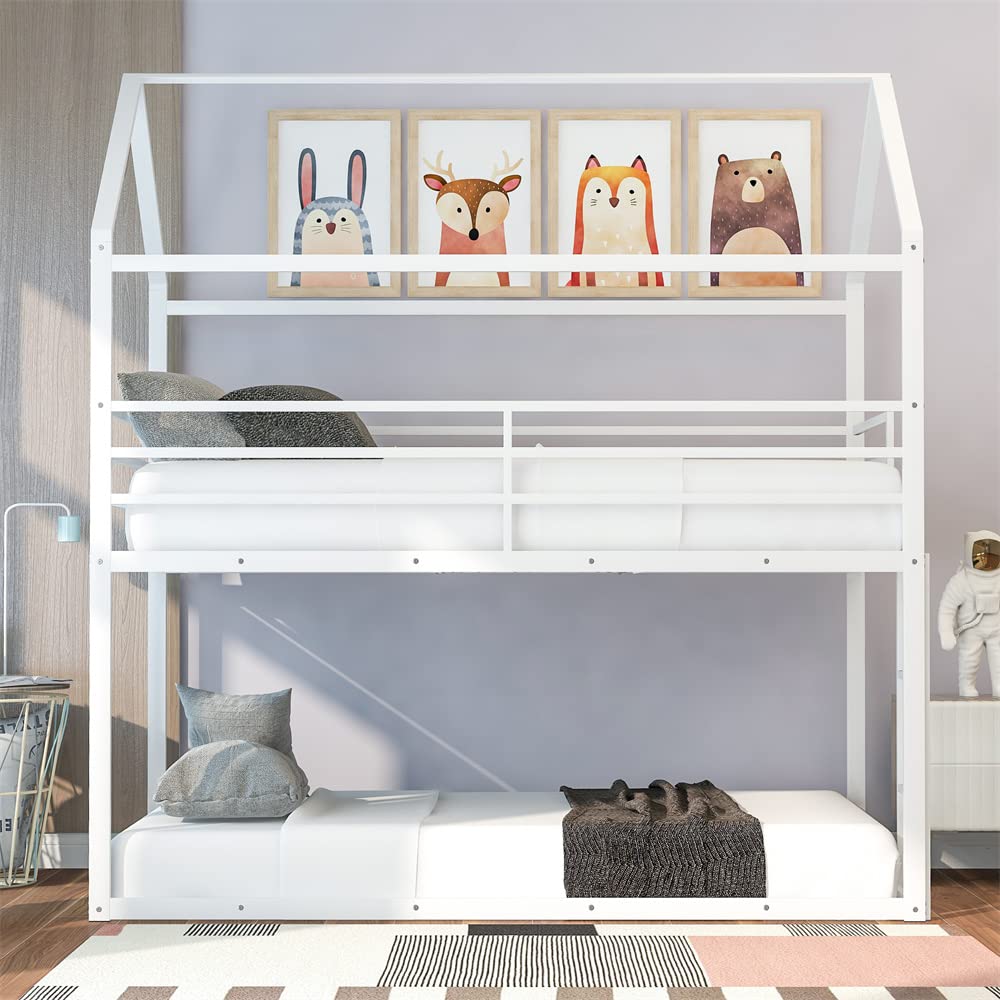 **Metal Twin Over Twin Low Bunk Bed with Roof - Full-Length Guardrail & Ladder - Space-Saving House Bed for Kids & Teens - No Box Spring Needed - White - Perfect for Small Rooms, Dormitories & Shared Kids' Bedrooms**