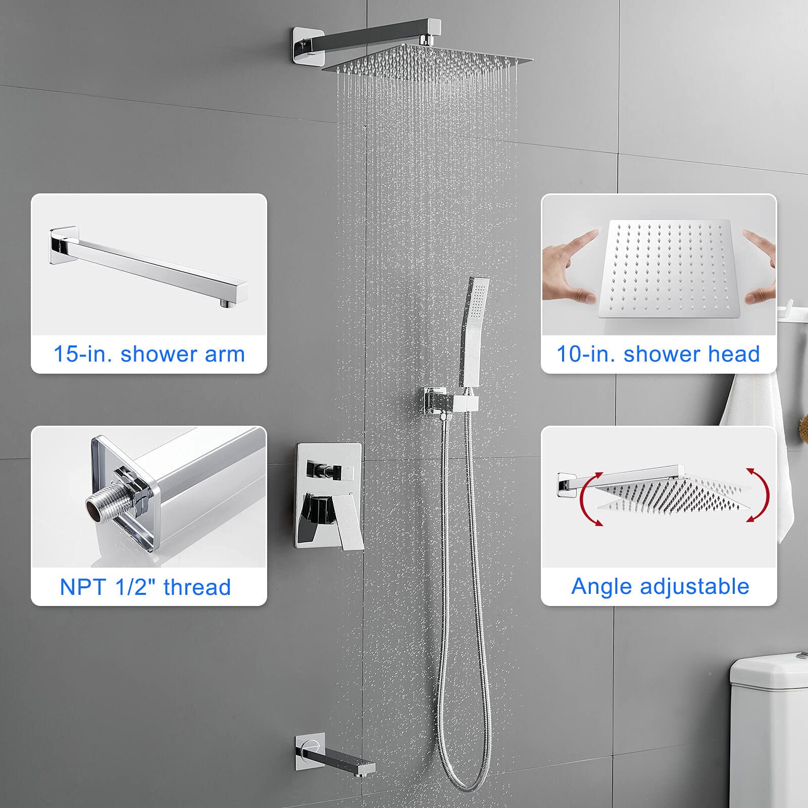 ROVOGO All Metal Bathtub Shower Faucet Set - 10 Inch Square Rain Shower Head with Handheld Sprayer, Tub Spout & Valve Trim Kit in Chrome Finish | Perfect for Bathroom Renovation & Luxury Spa Experience