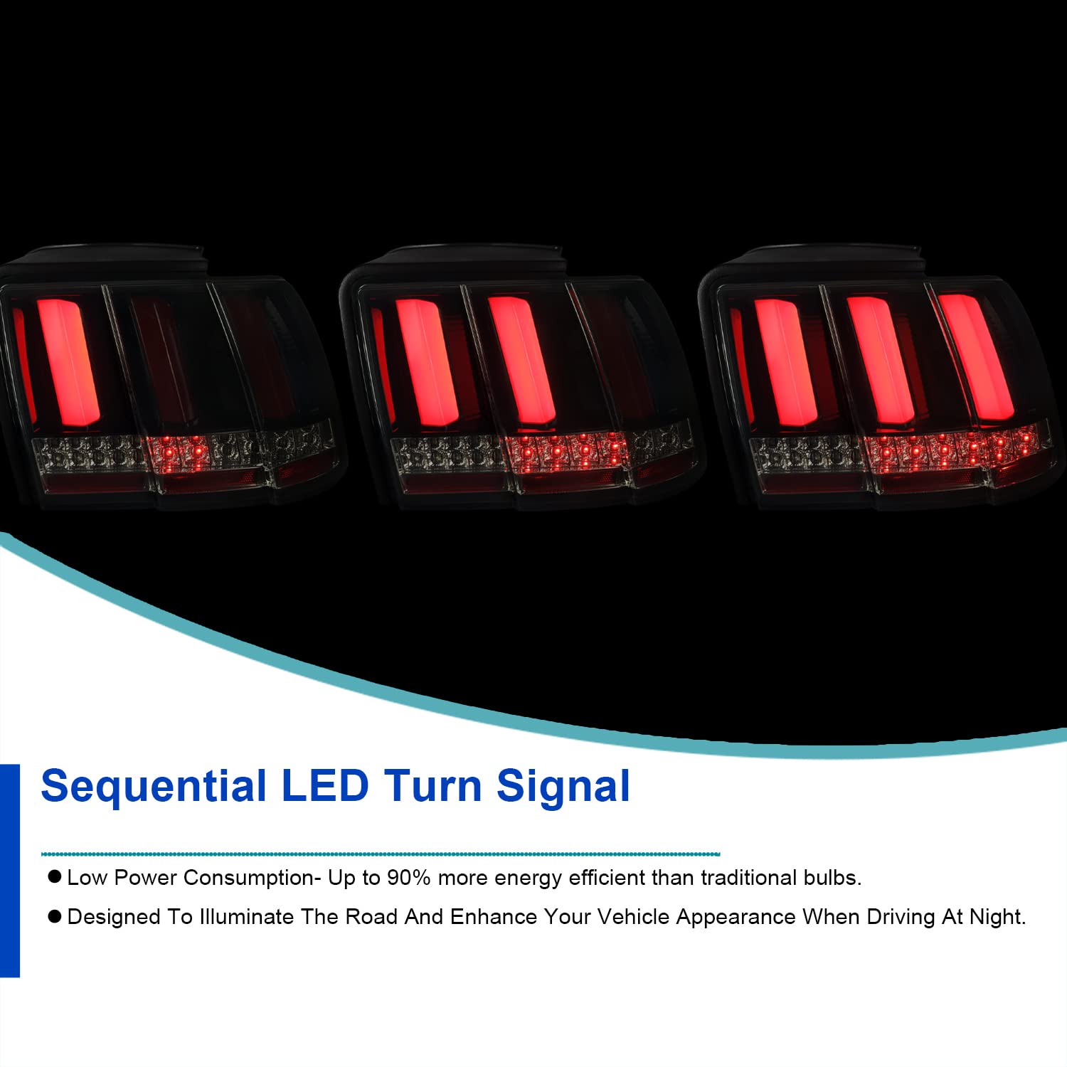Spec-D Tuning Glossy Black Smoke Sequential LED Tail Lights for 1999-2004 Ford Mustang - Left & Right Pair Assembly - Upgrade Your Ride with Enhanced Style & Visibility for Night Driving & Car Shows