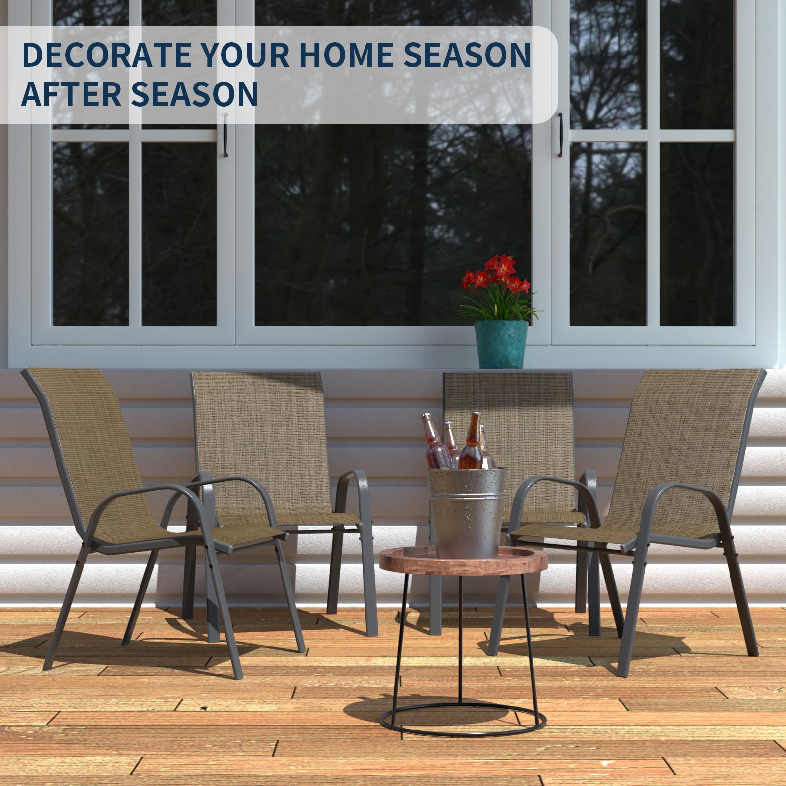 Amopatio 4-Piece Stackable Patio Chairs Set - All-Weather Outdoor Dining Chairs in Dark Brown - Breathable Garden Furniture for Backyard, Deck, Poolside & BBQ Gatherings