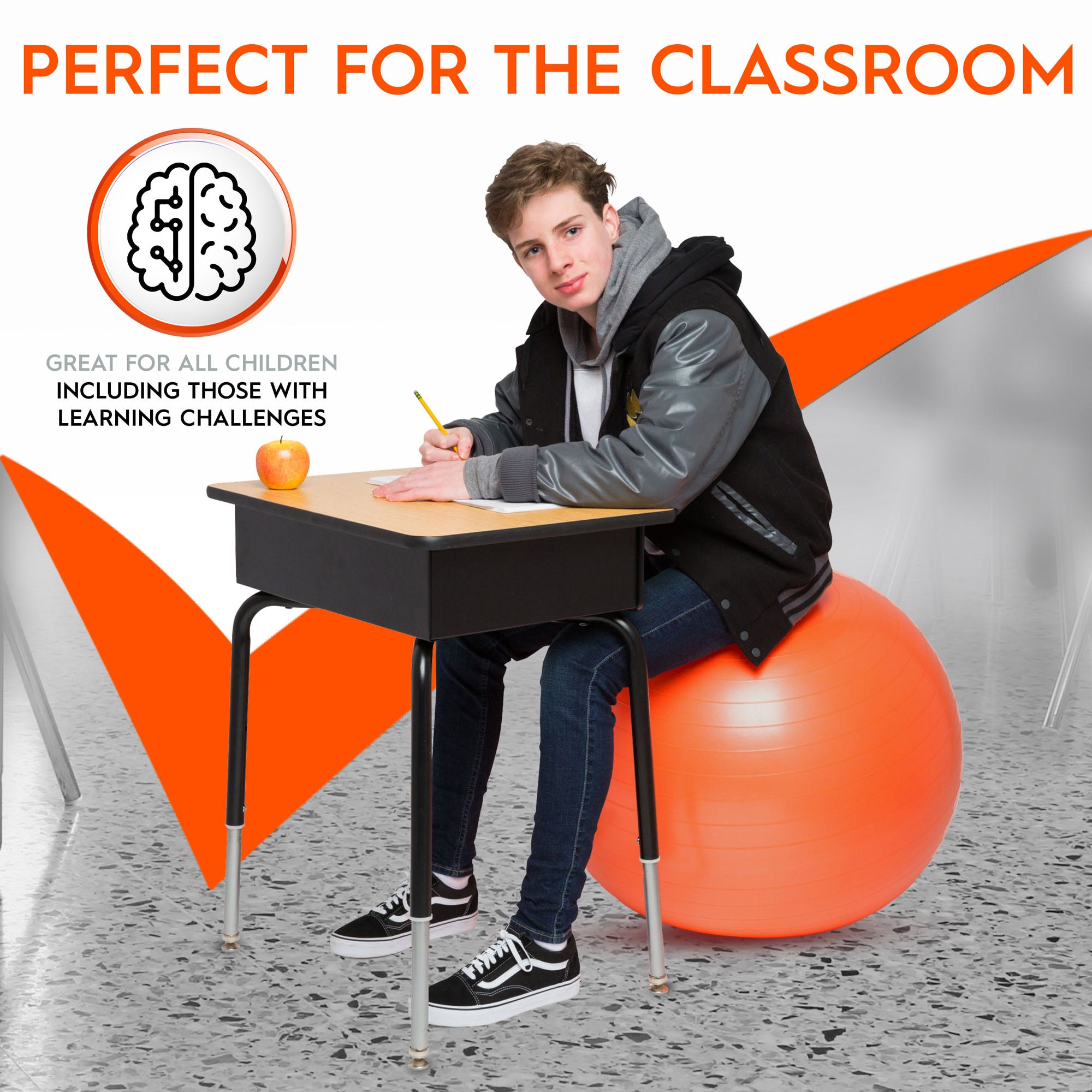 Bouncyband 65cm Balance Ball Chair - Active Sitting for Kids & Adults, Ergonomic Stability Ball Seat for Home & Office, Orange - Perfect for ADHD, Yoga & Classroom Focus
