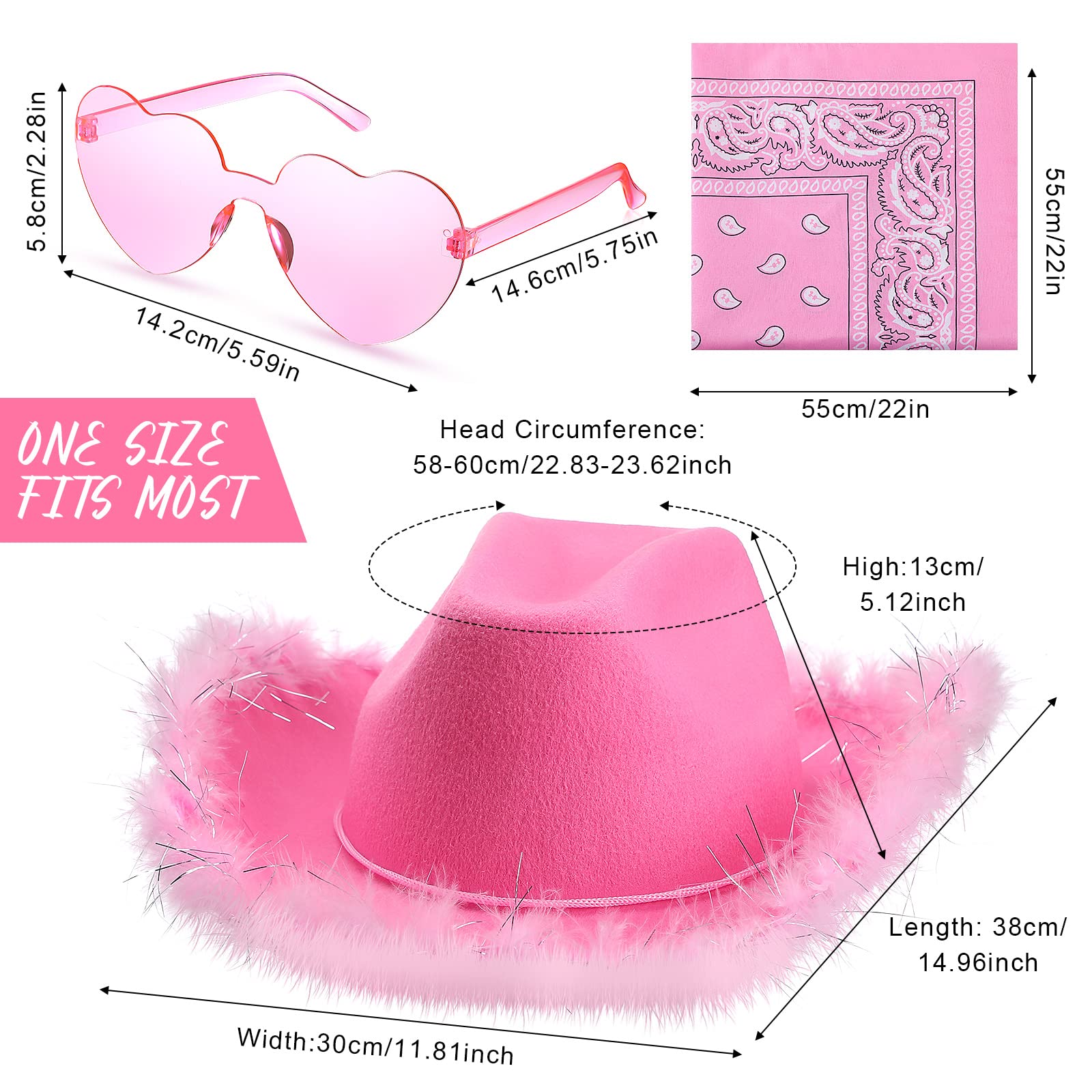 24 Pack Cowgirl Hats with Paisley Bandana & Heart Sunglasses Set - Fluffy Feather Boa Cowboy Hats for Western Party, Bachelorette, Halloween & Costume Events (Pink, Stylish) - Perfect for Country Themed Parties, Rodeo Events & Photo Shoots