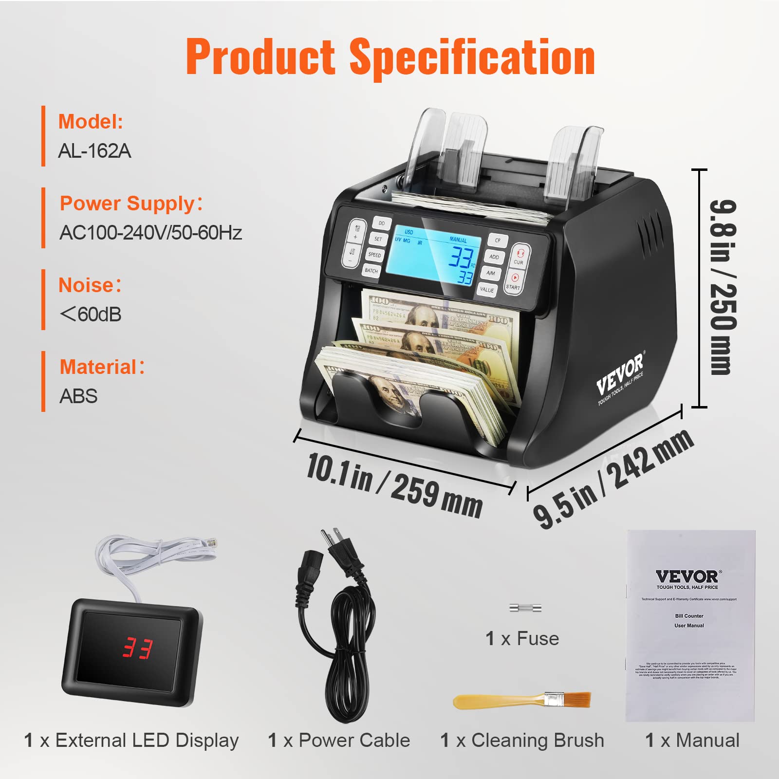 VEVOR Money Counter Machine with UV, MG, IR & DD Detection - USD/EUR Bill Counter with Add/Batch Modes & Large LCD Display - Perfect for Banks, Retail Stores & Cash-Intensive Businesses