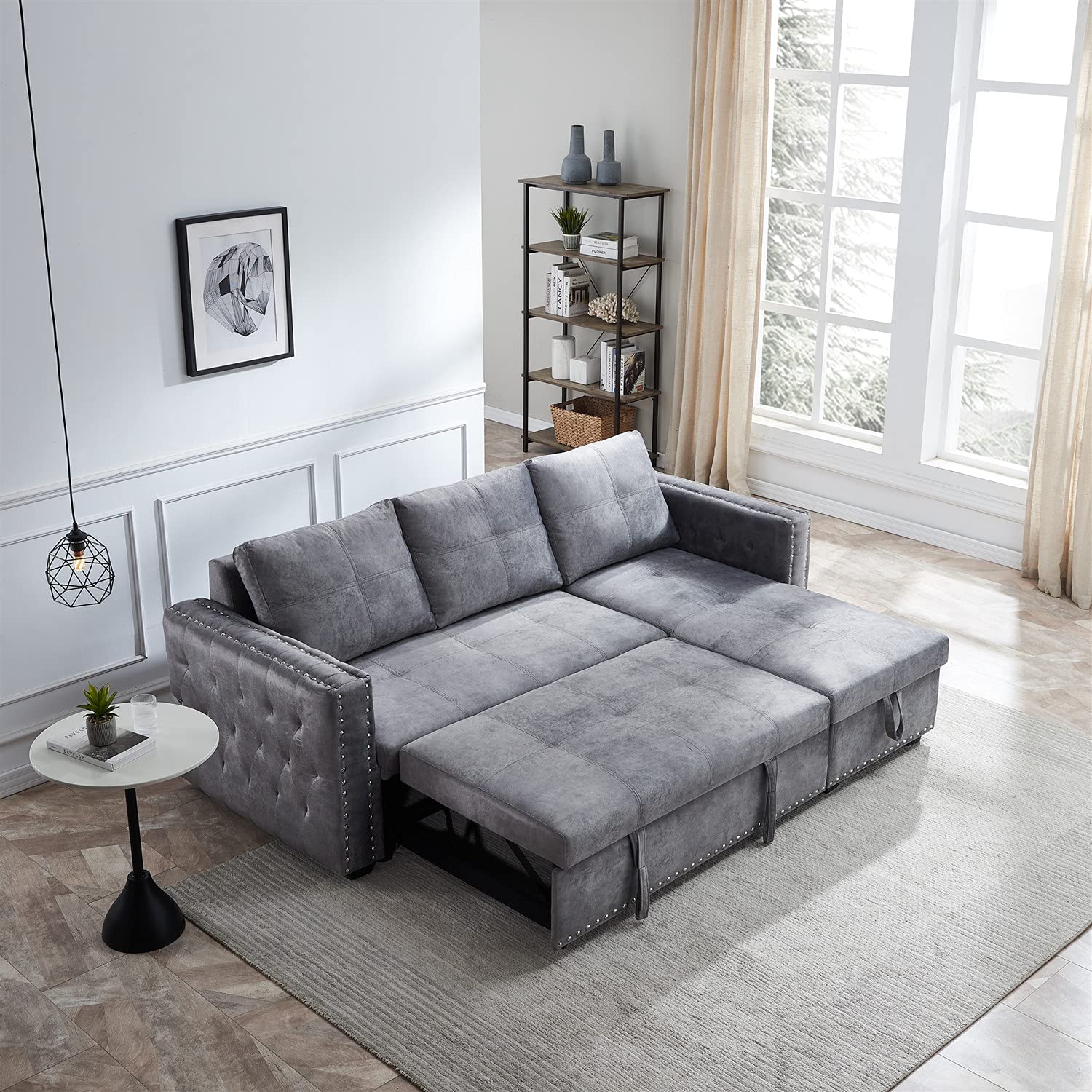 Merax 91'' Reversible L-Shaped Sectional Sofa Bed with Pull-Out Sleeper, 3-Seater Convertible Corner Couch with Storage Chaise & Copper Nail Accents - Modern Living Room Furniture for Small Spaces & Guest Rooms (Grey)