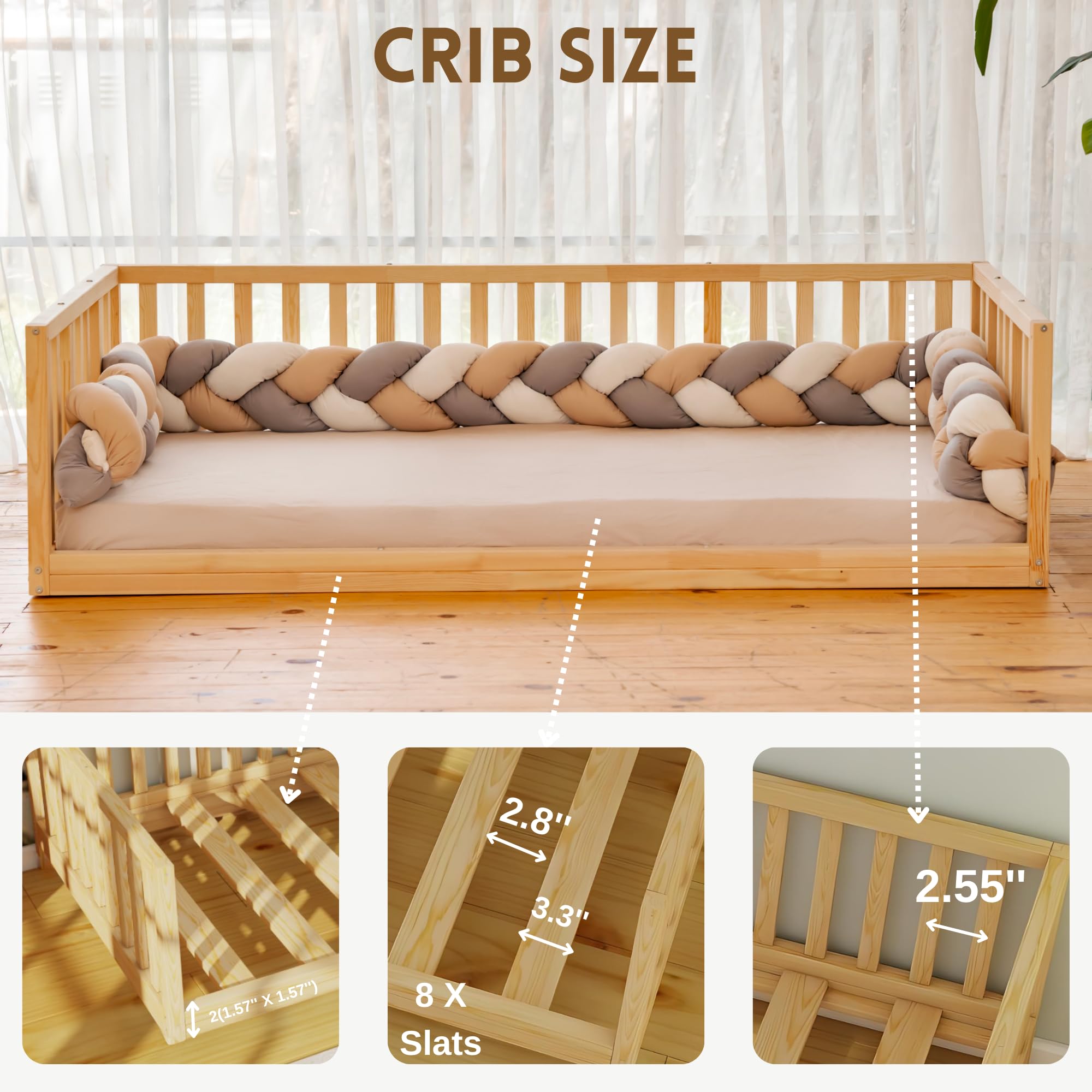 Montessori Front Open Floor Bed for Toddlers & Kids | Natural Pine Wood Solid Frame with Wooden Slats | Sturdy Low-Height Bed (23.6