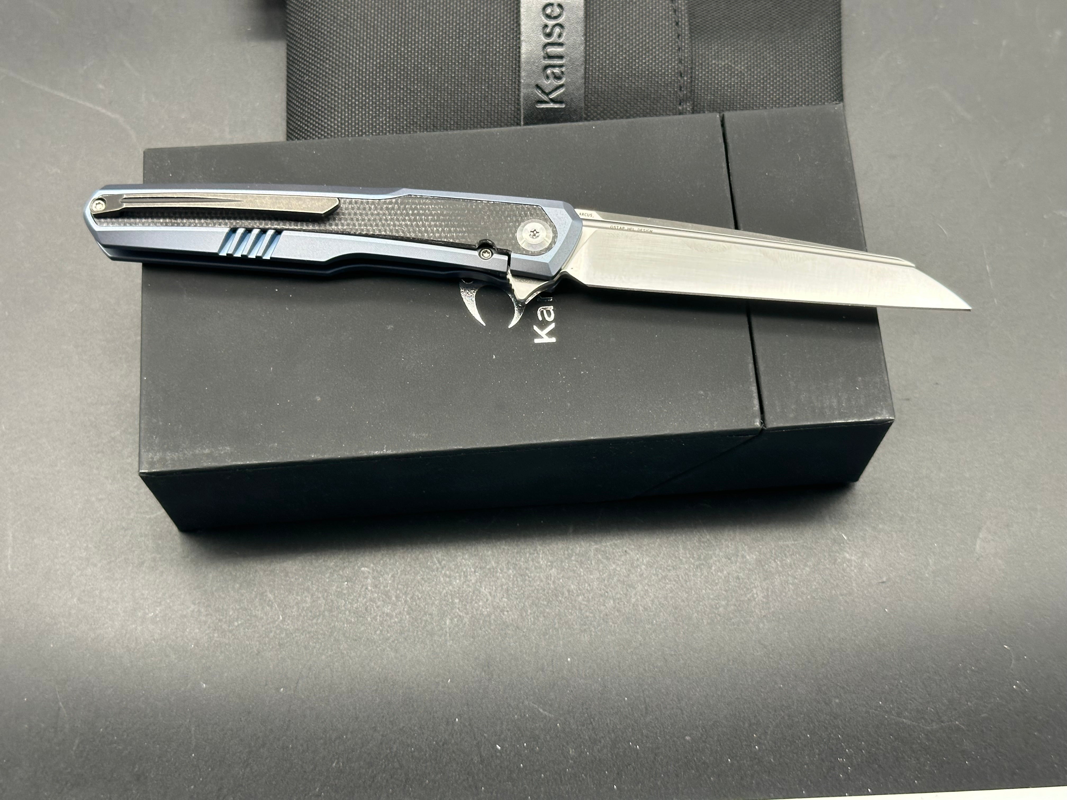 Kansept Arcus Frame Lock Folding Knife - Blue Titanium & Black Micarta Handle, 3.4