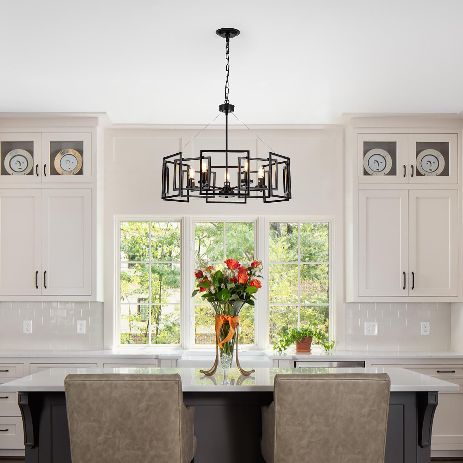 5-Light Black Geometric Chandelier - Adjustable Height Modern Industrial Pendant Light for Dining Room, Kitchen Island, Living Room, Bedroom & Entryway - Farmhouse Style Ceiling Fixture (Bulbs Not Included) - Perfect for Home Decor, Restaurant Lighting and Office Spaces