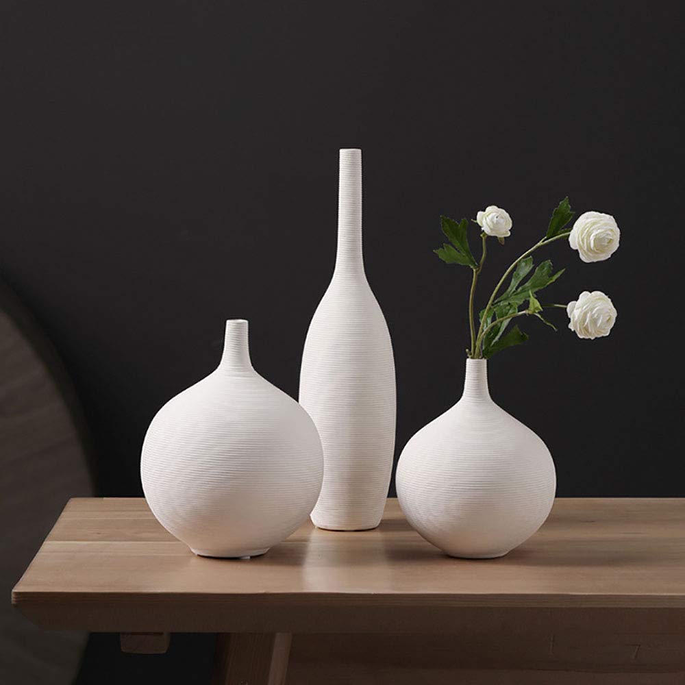 Modern Minimalist White Ceramic Vase Set of 3 - Elegant Home Decor for Living Room, Dining Table & Office - Perfect for Fresh Flowers, Artificial Plants & Centerpiece Arrangements