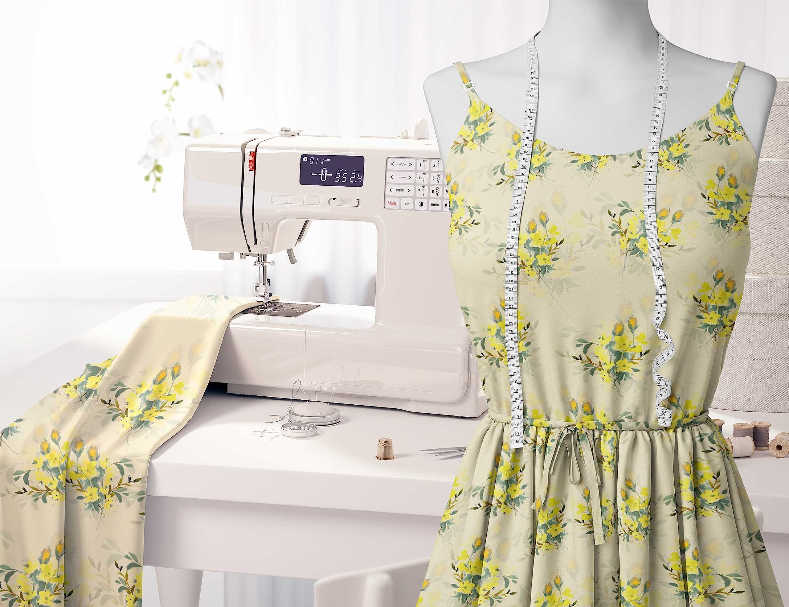 Soimoi Cotton Voile Fabric - Yellow Floral Print - 56