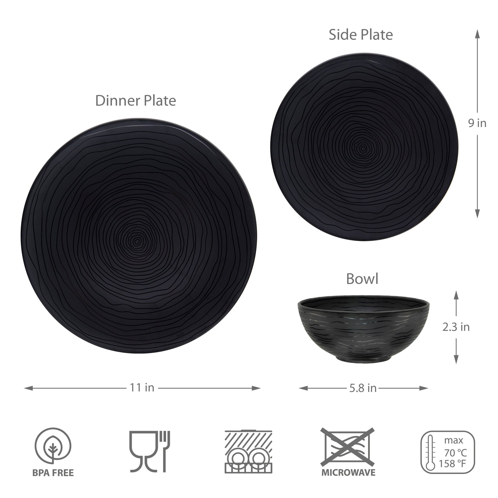 12-Piece Organic Black Melamine Plate & Bowl Set - Durable Dinnerware for Outdoor Picnics, Camping & Everyday Use