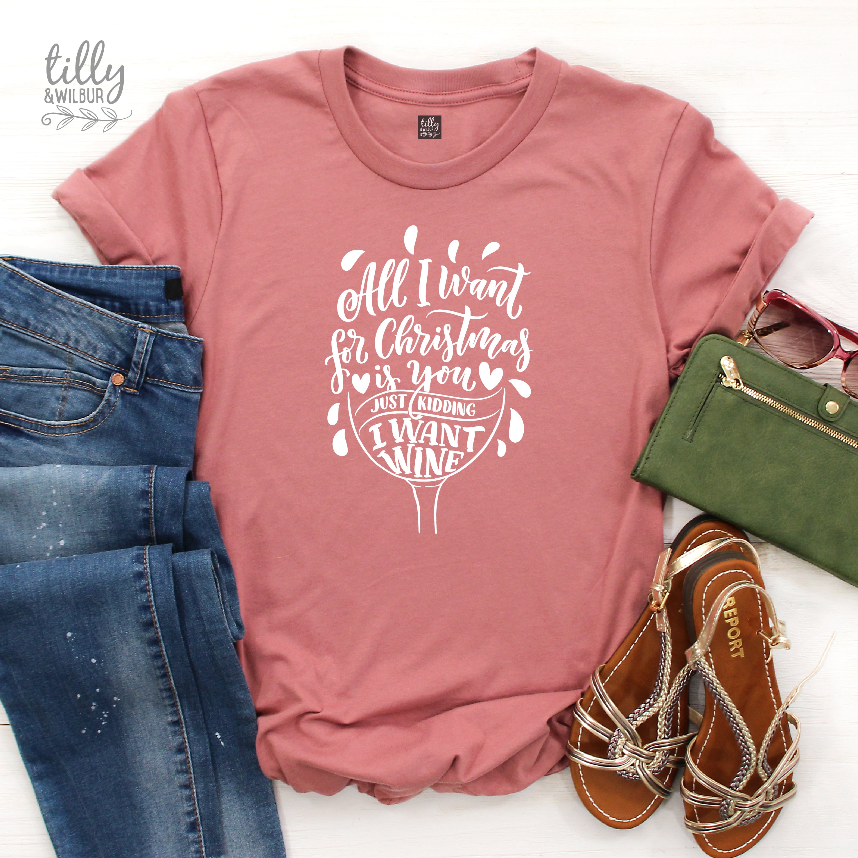 Funny Christmas Wine Lover T-Shirt for Women - All I Want For Christmas Is You Just Kidding I Want Wine - Cute Holiday Party Outfit & Gift Idea