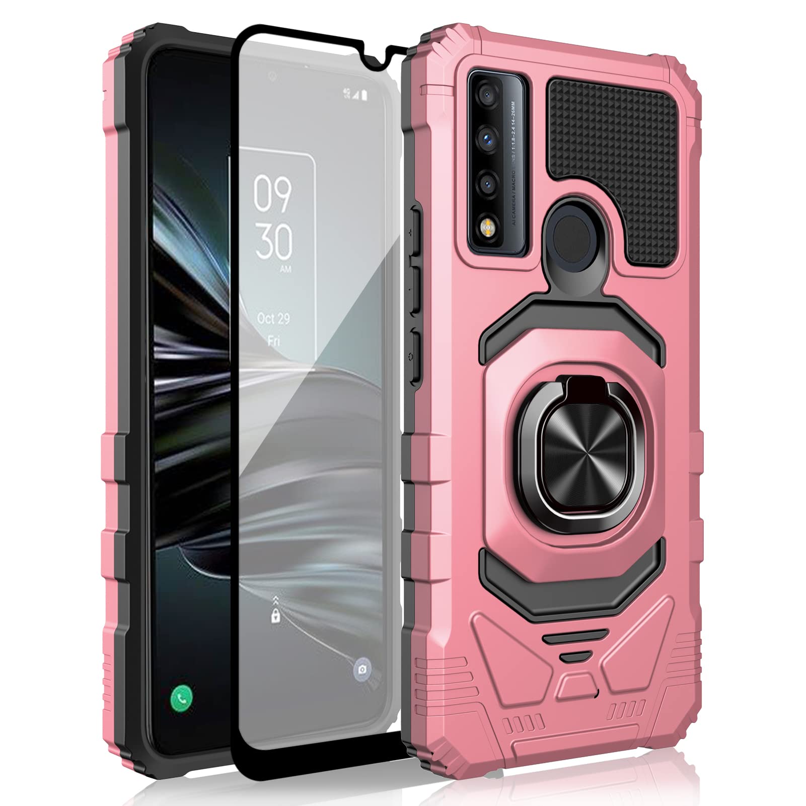 Ailiber Shockproof Phone Case for Alcatel TCL 20A 5G (T768S) & TCL 4X 5G (T601DL) - Heavy Duty Protective Cover with Built-in Ring Kickstand, Magnetic Car Mount & Screen Protector - Rose Gold | Perfect for Work, Travel & Outdoor Activities