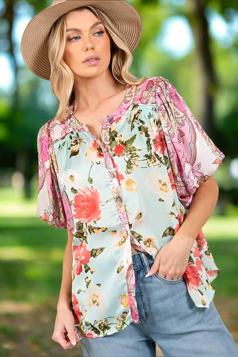 Plus Size Floral Print Mineral Wash French Terry Button Up Shirt for Women - Casual Loungewear & Spring Layering Top