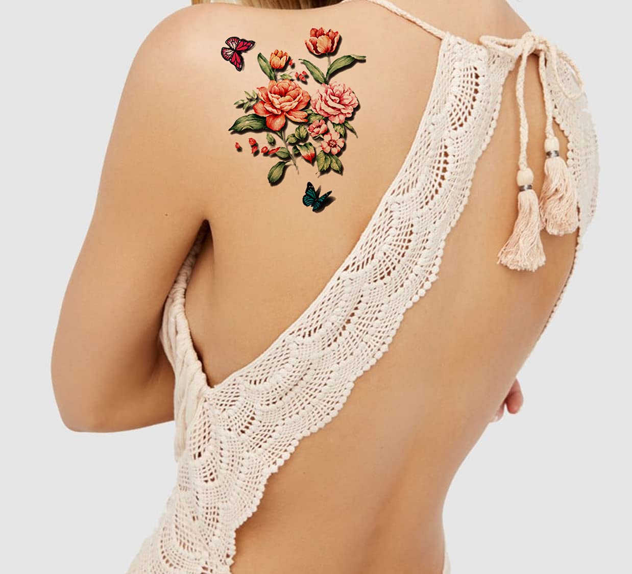 Waterproof Temporary Tattoo Stickers for Men & Women - 3D Realistic Flowers, Butterflies, Stars, Angels, Wolves & Armband Designs (3D-54, 19x9cm) - Perfect for Parties, Halloween, Cosplay & Body Art