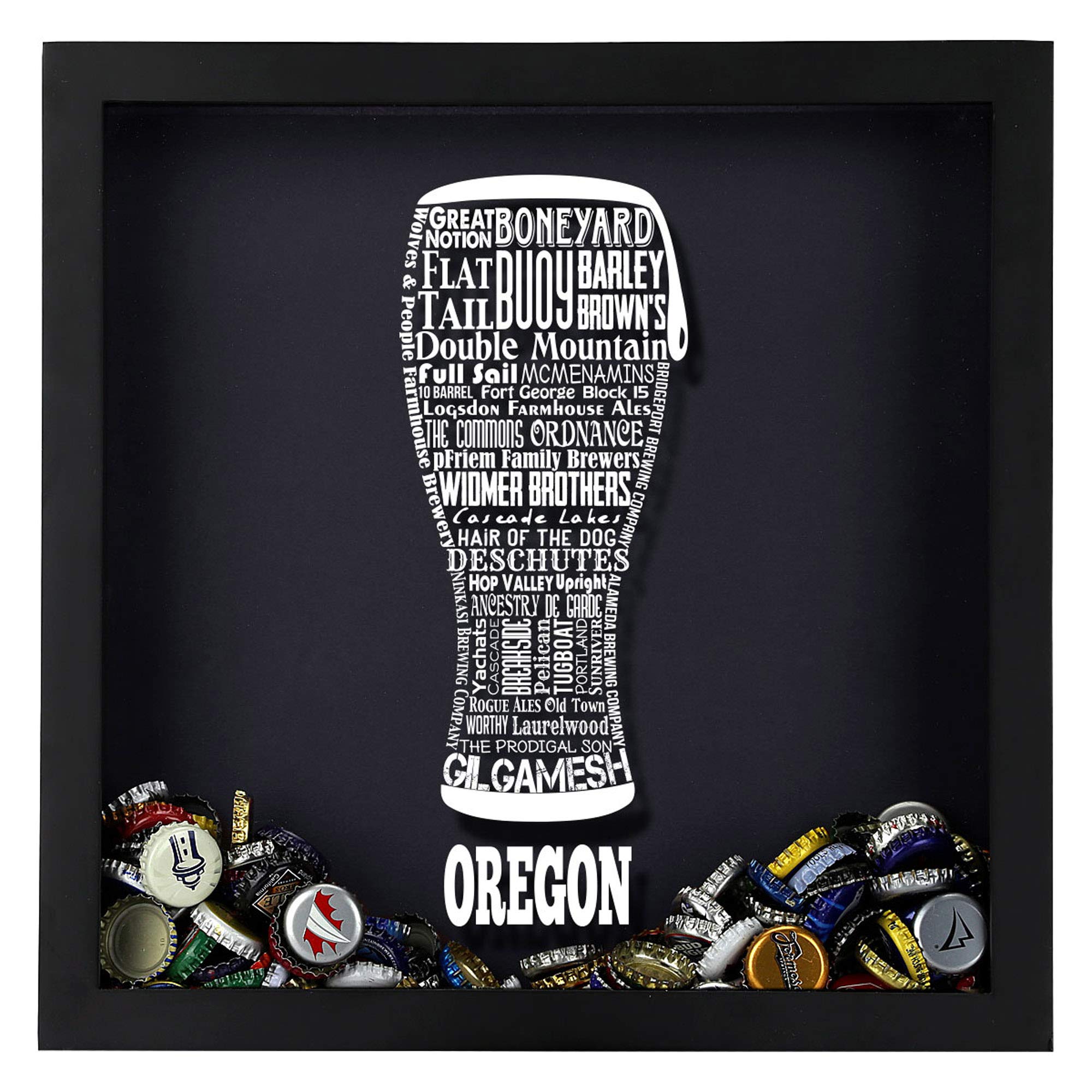 Torched Beer Typography Beer Cap Shadow Box Display - Wall Mounted Hanging Frame for Beer Lovers & Collectors - Unique Home Bar Decor & Man Cave Gift Idea - Perfect for Oregon Craft Beer Enthusiasts (Great for Displaying Bottle Cap Collections in Bars, Man Caves or as Gifts)