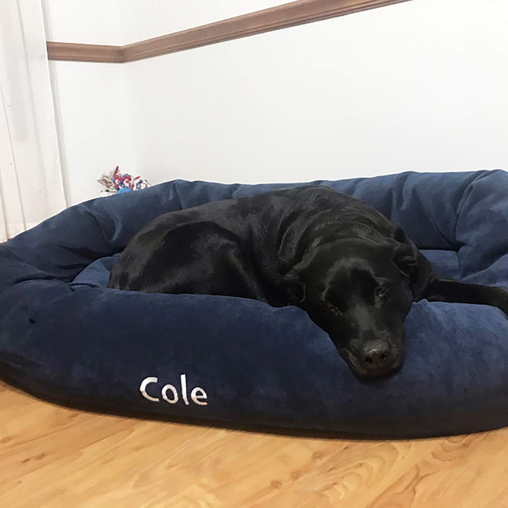 Majestic Pet Personalized Bagel Dog Bed - Machine Washable Soft Comfortable Sleeping Mat with Durable Support - Custom Embroidered Pet Bed with Replaceable Covers - Large Navy Blue Dog Cushion for Cozy Napping & Home Decor