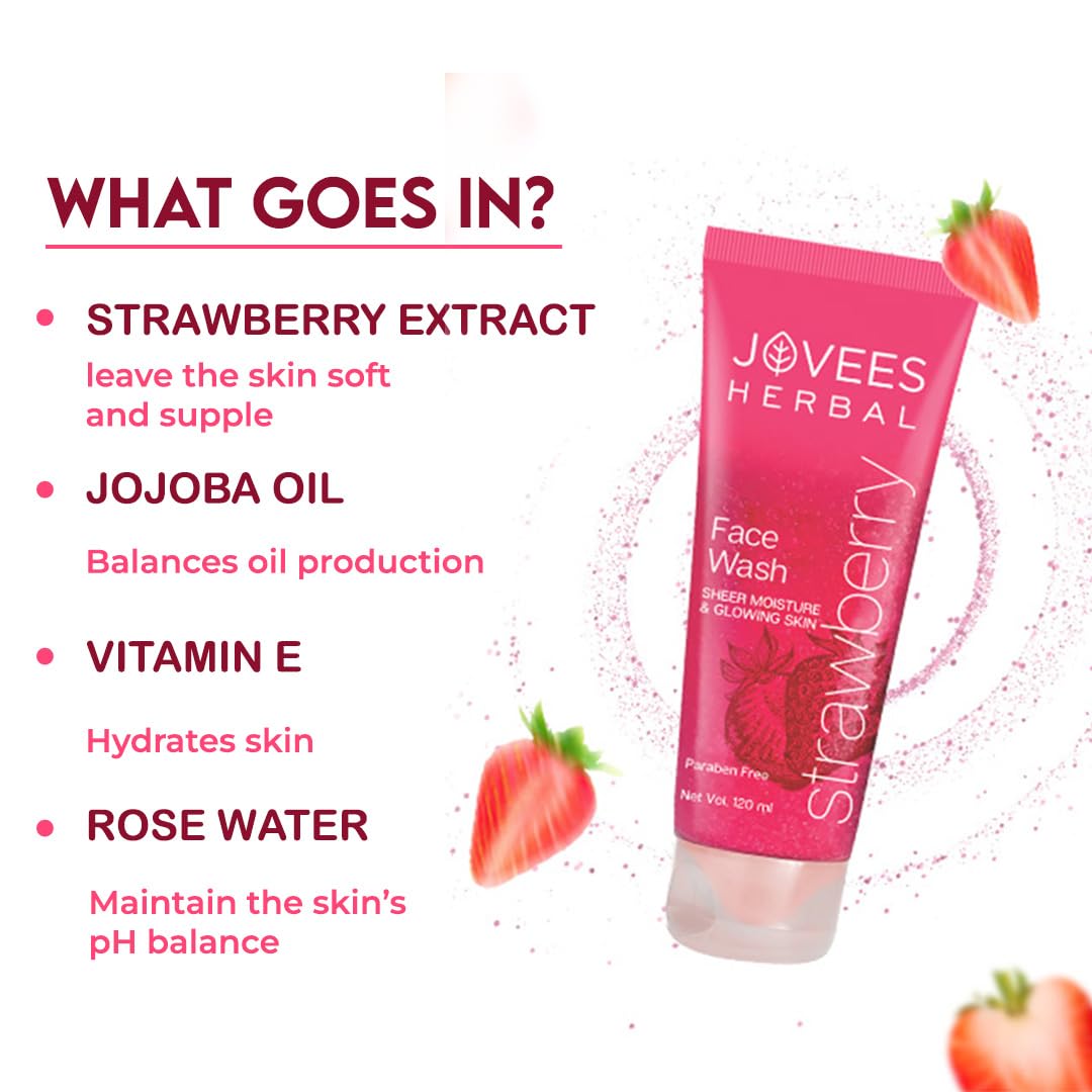 Jovees Herbal Strawberry Face Wash for Hydrated & Glowing Skin with Strawberry Extract | Gentle Cleanser Brightens Skin & Reduces Pigmentation | Normal to Dry Skin | 120ml (Pack of 2) | Daily Skincare Routine & Morning/Night Use