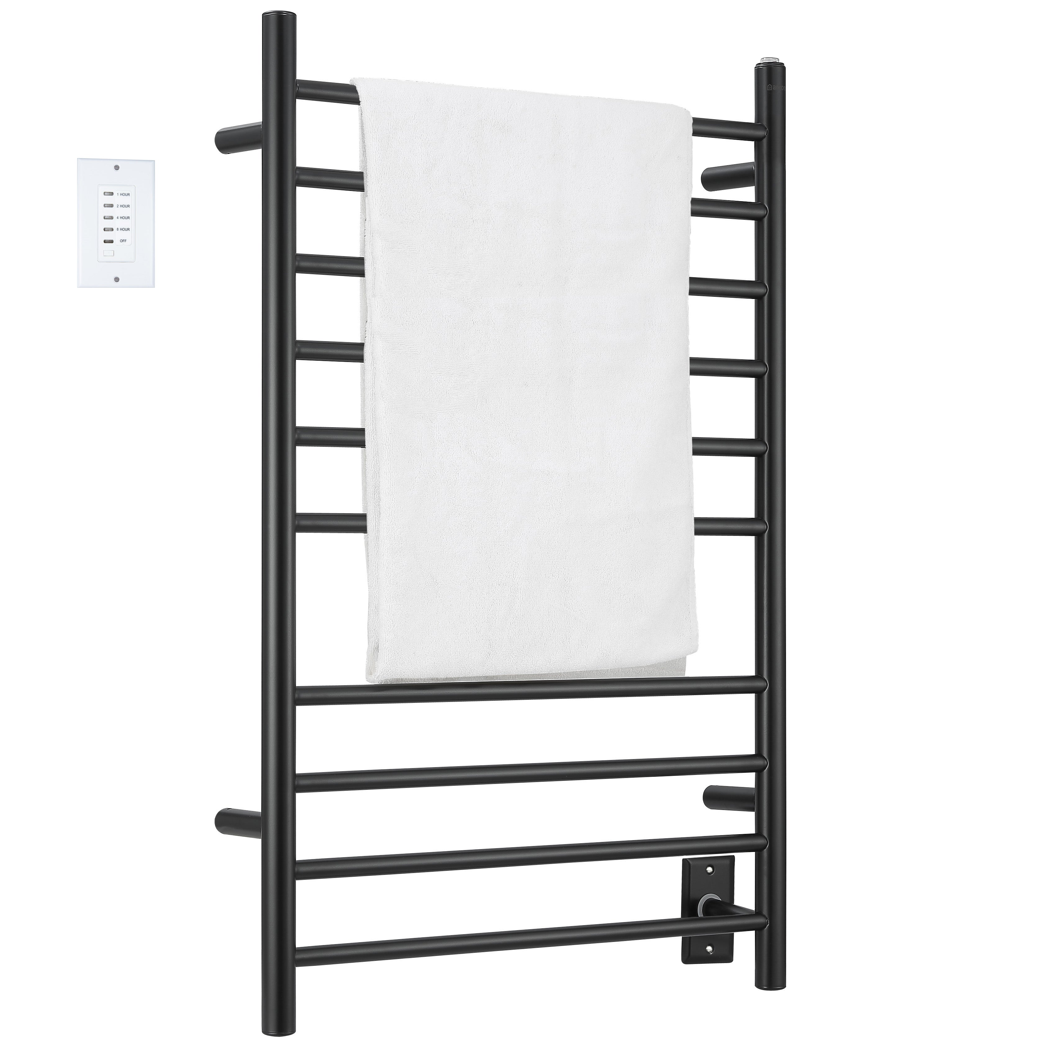 Ancona Novara 10 Bar Matte Black Wall Mounted Towel Warmer with Timer - Bathroom Heated Towel Rack for Spa, Luxury Home & Hotel Use